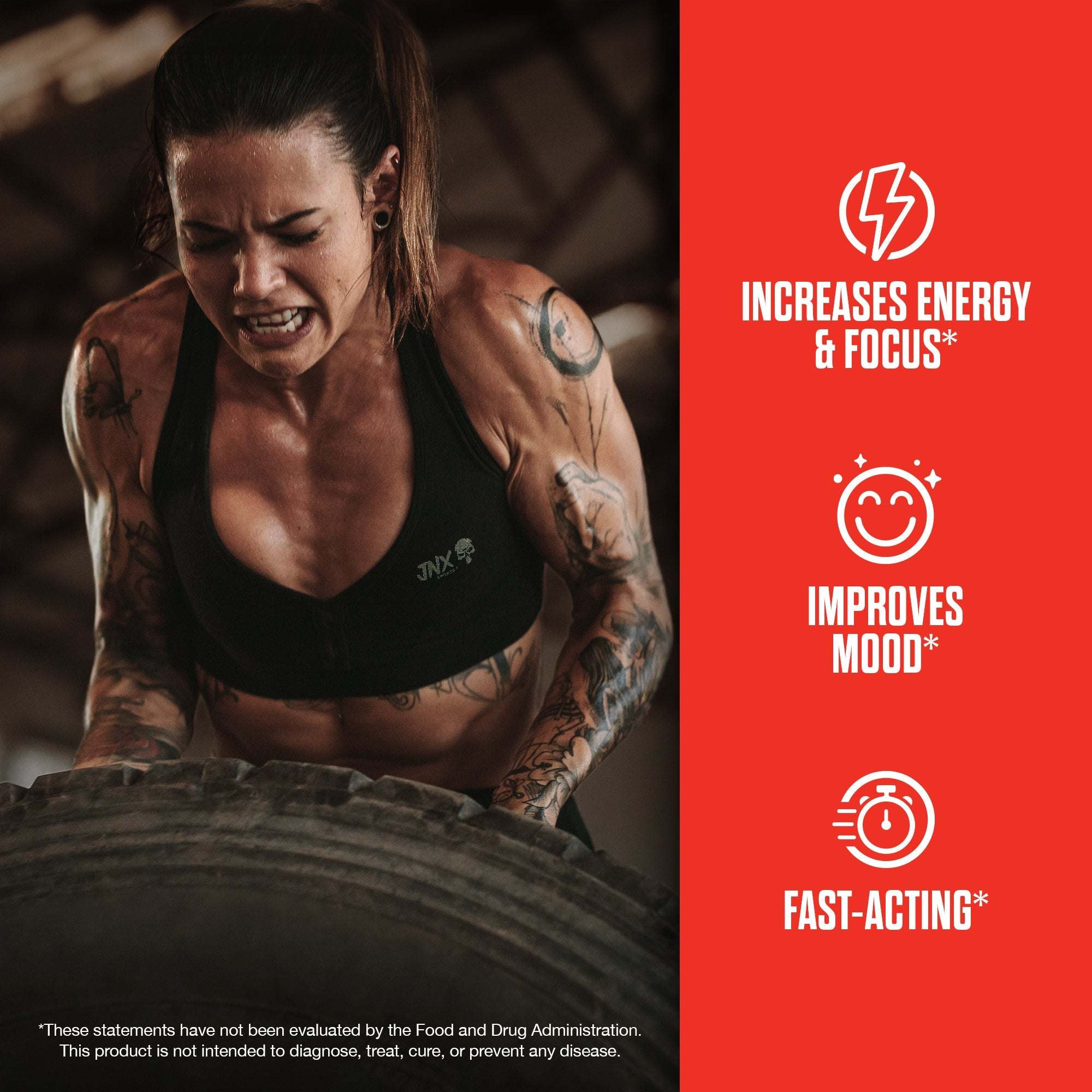 Fat Burner featuring a muscular woman in a black sports bra flipping a large tire showing intense effort and focus