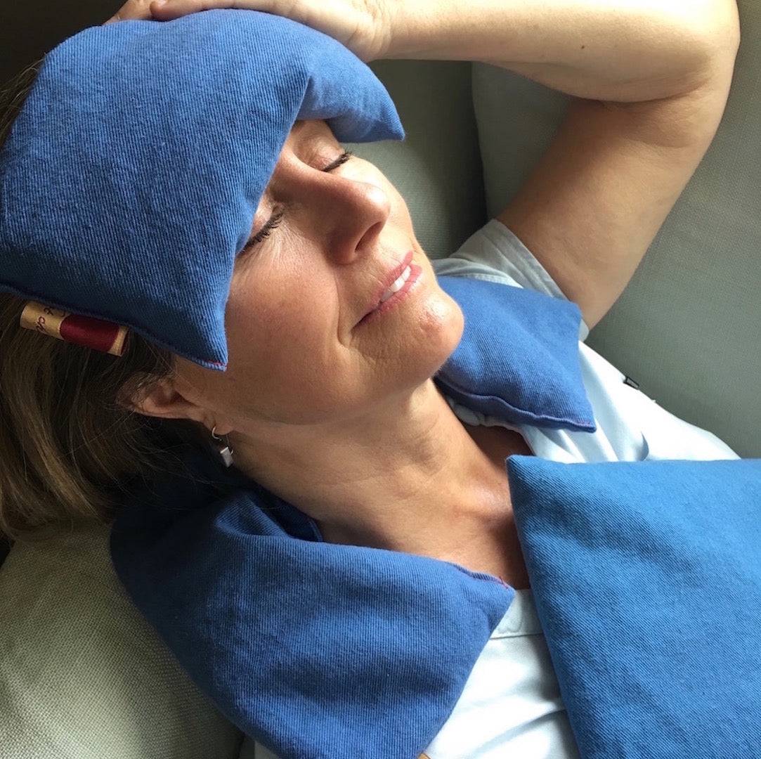 Feel Better Pack blue denim eye pillow neck wrap and square heat cold therapy set