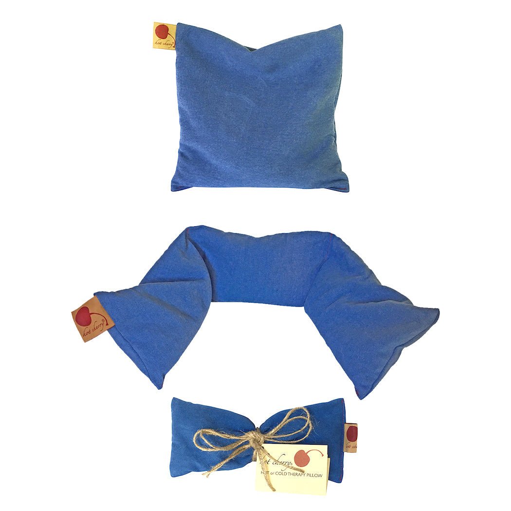 Blue denim Feel Better Pack with square, eye pillow, and neck wrap for soothing comfort