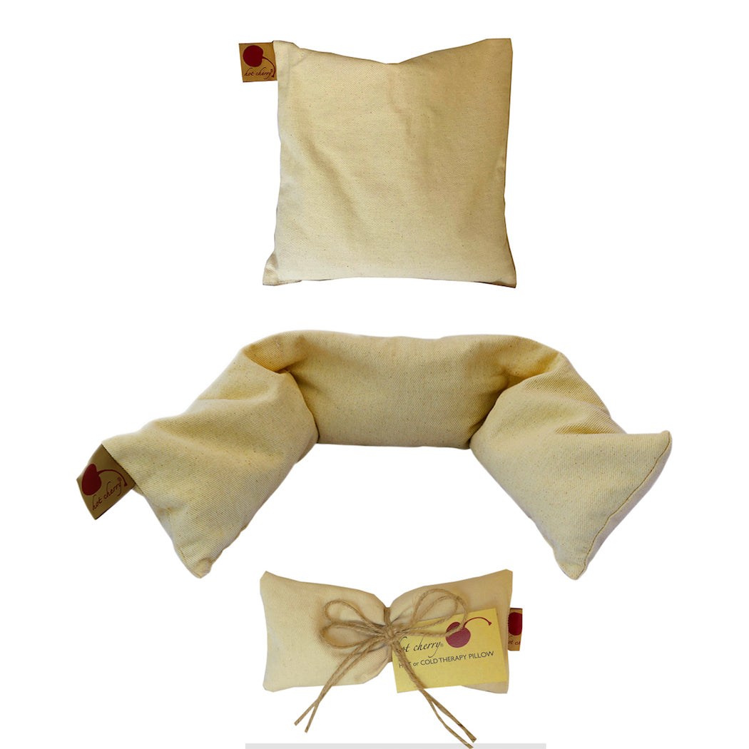 Feel Better Pack in natural beige fabric, featuring a square cushion, curved neck wrap and twine-tied eye pillow