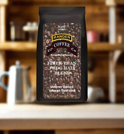 Coffee bag for Finer than Frog Hair, matte black pouch with a coffee bean label and Ranger Up Coffee branding
