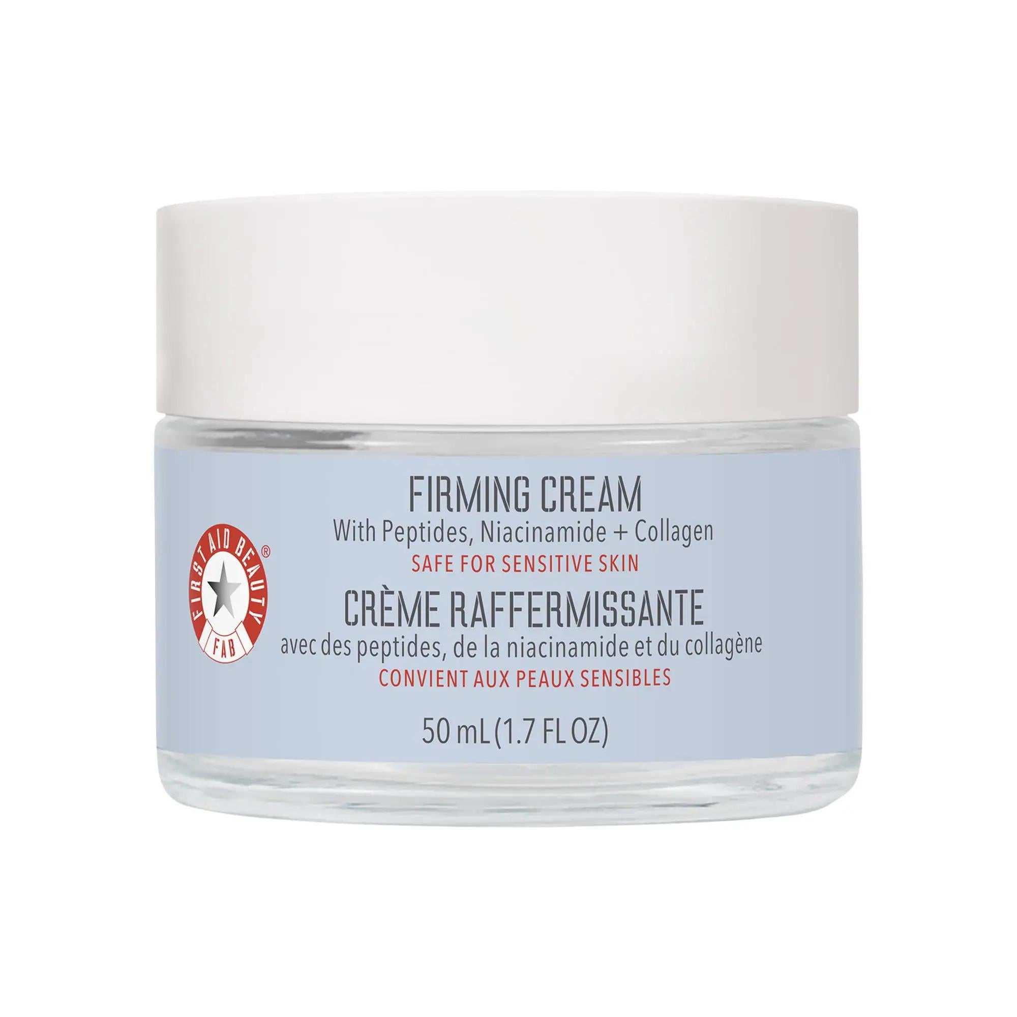 Firming Cream with Peptides in a clear glass jar with pale blue label and white lid, featuring peptide, niacinamide and collagen text
