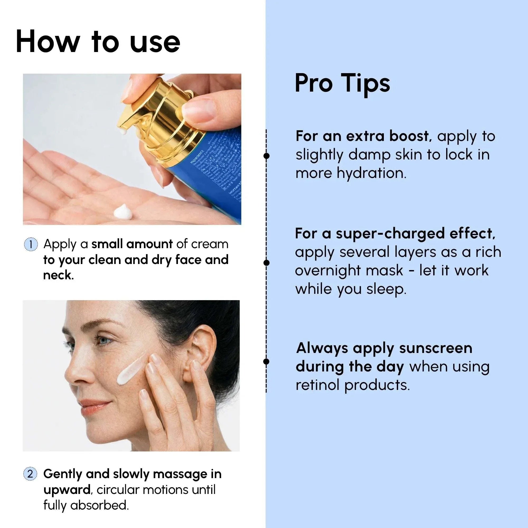 Firming & Lifting Collagen Moisturizer use guide showing cream dispensed from a blue jar and applied to the face