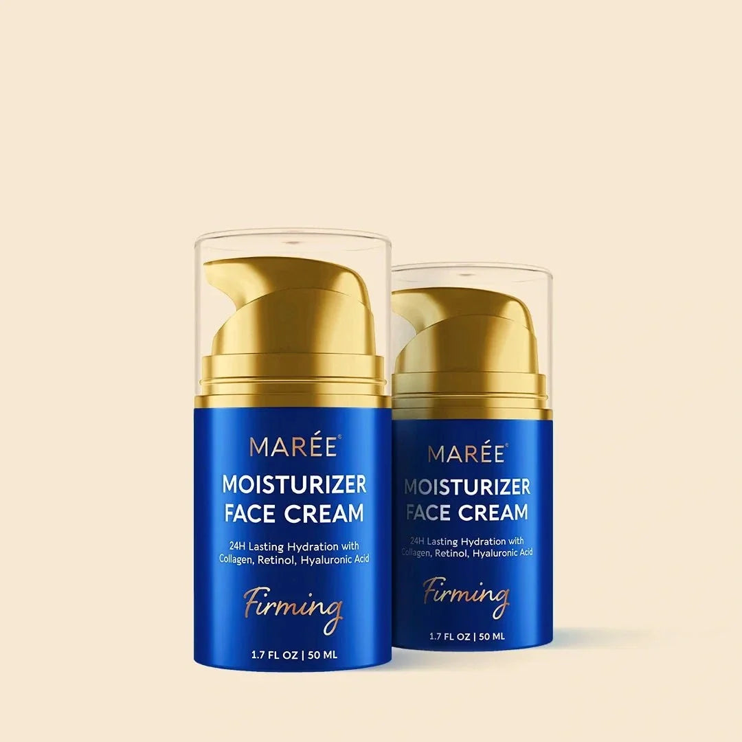 Firming & Lifting Collagen Moisturizer in blue cylindrical face cream bottles with gold pumps and clear caps