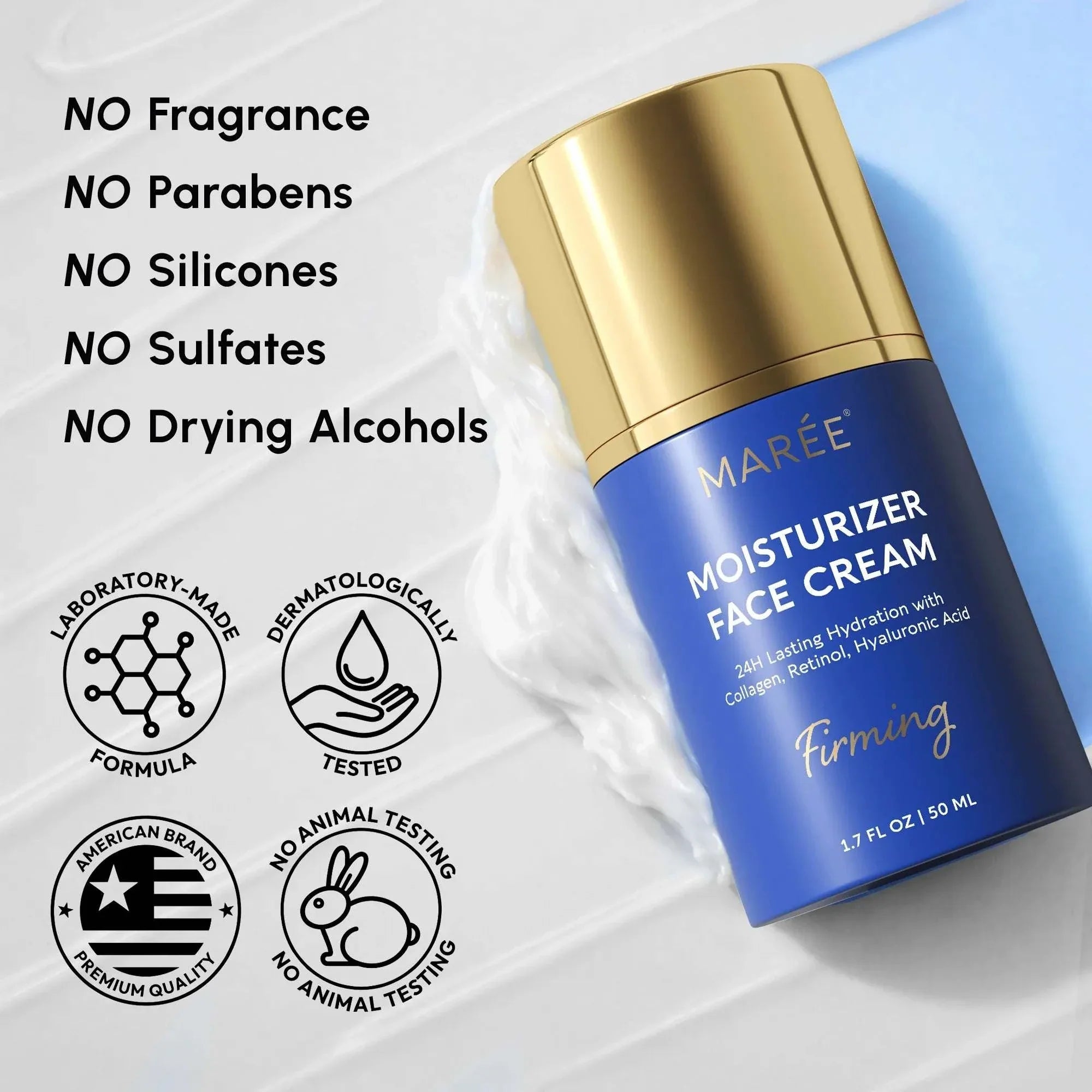 Firming & Lifting Collagen Moisturizer in a blue bottle with a gold cap and white text, labeled Marée face cream