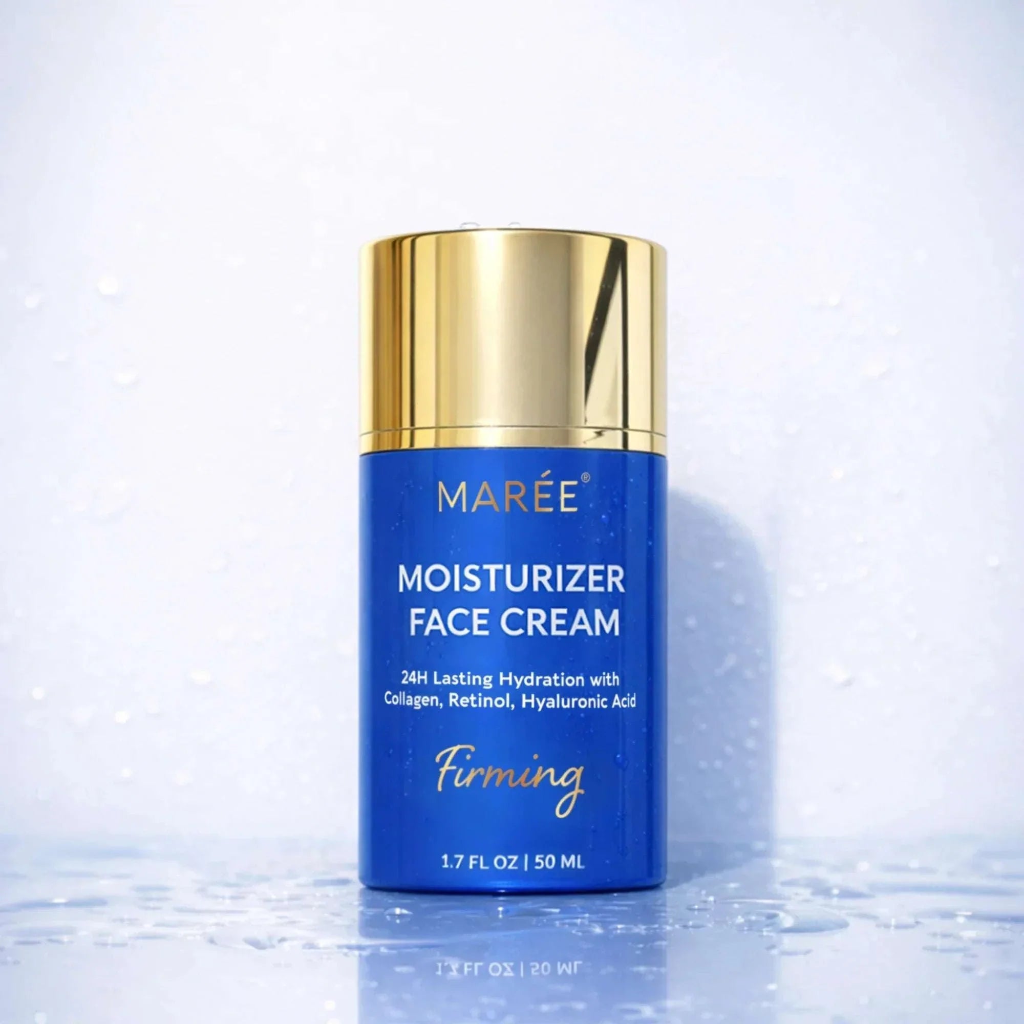 Firming & Lifting Collagen Moisturizer in a blue face cream bottle with a gold pump and cap
