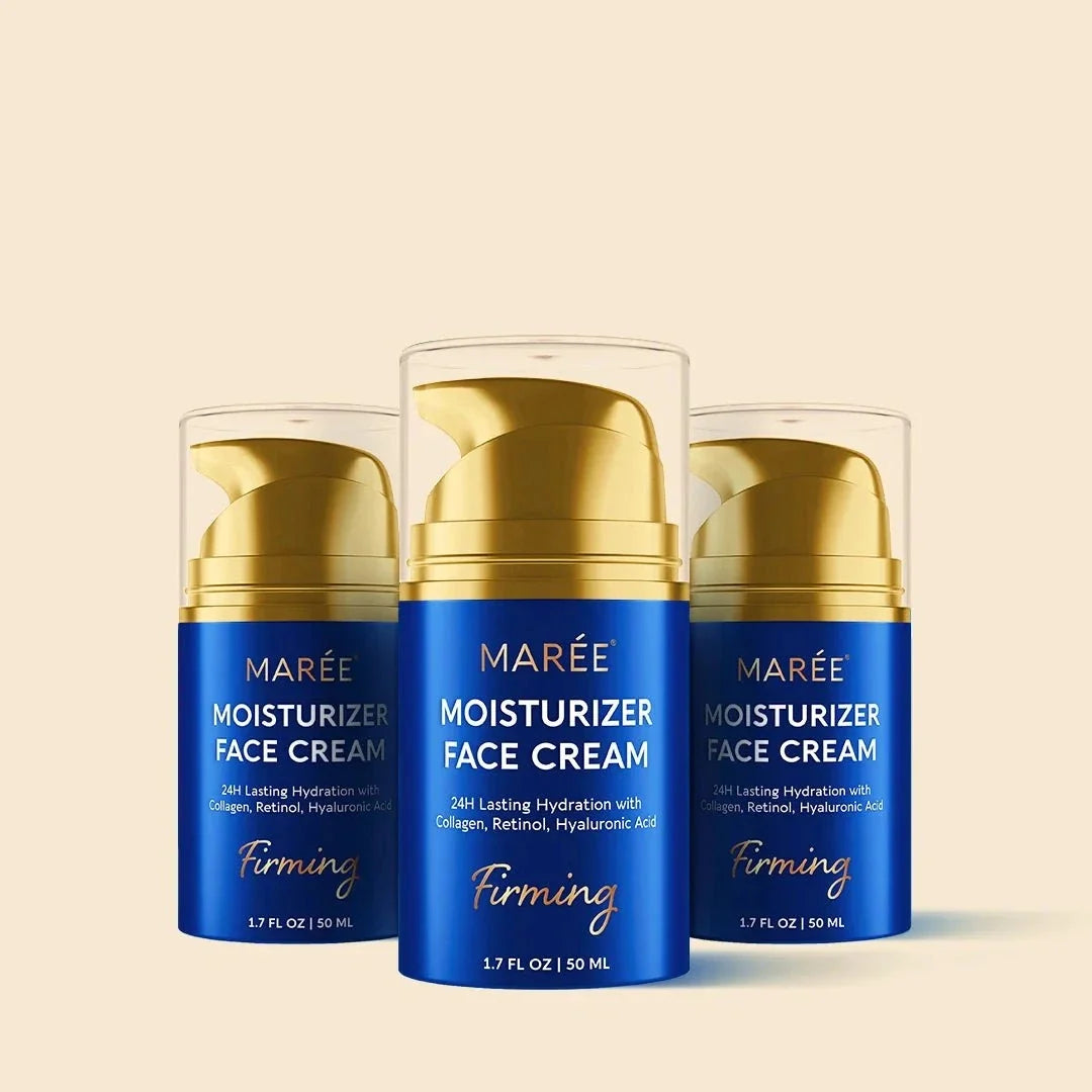 Firming & Lifting Collagen Moisturizer in blue and gold bottles, labeled Marée moisturizer face cream with gold pump tops.