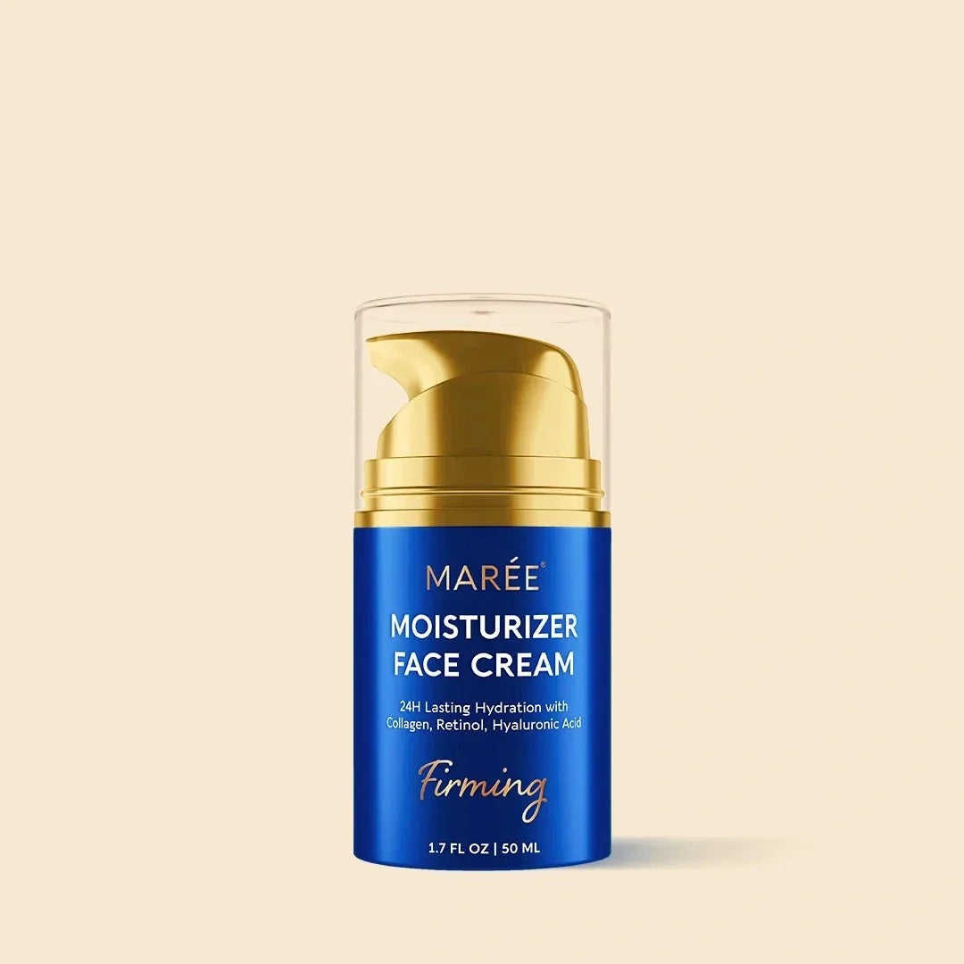 Firming & Lifting Collagen Moisturizer in a blue cylindrical bottle with a gold pump and clear cap