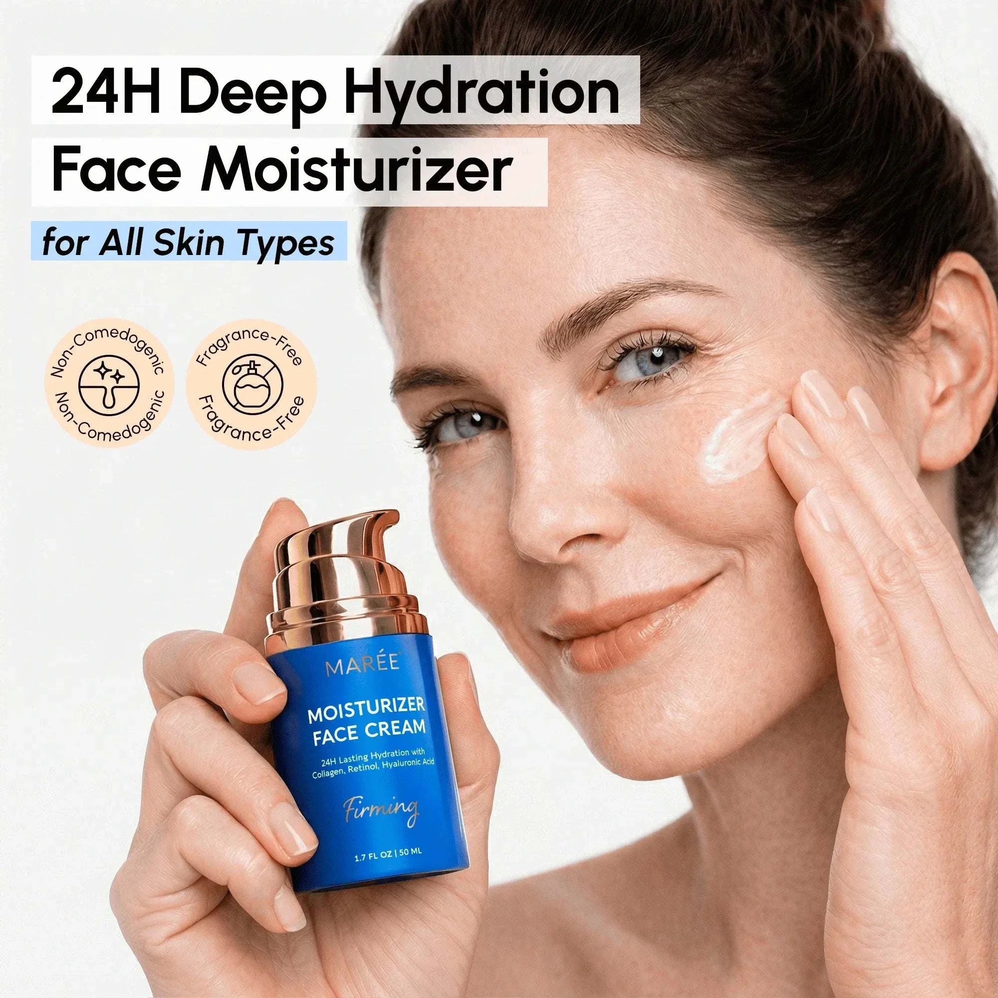 Firming & Lifting Collagen Moisturizer in a blue pump bottle with rose-gold dispenser, held beside a woman's face