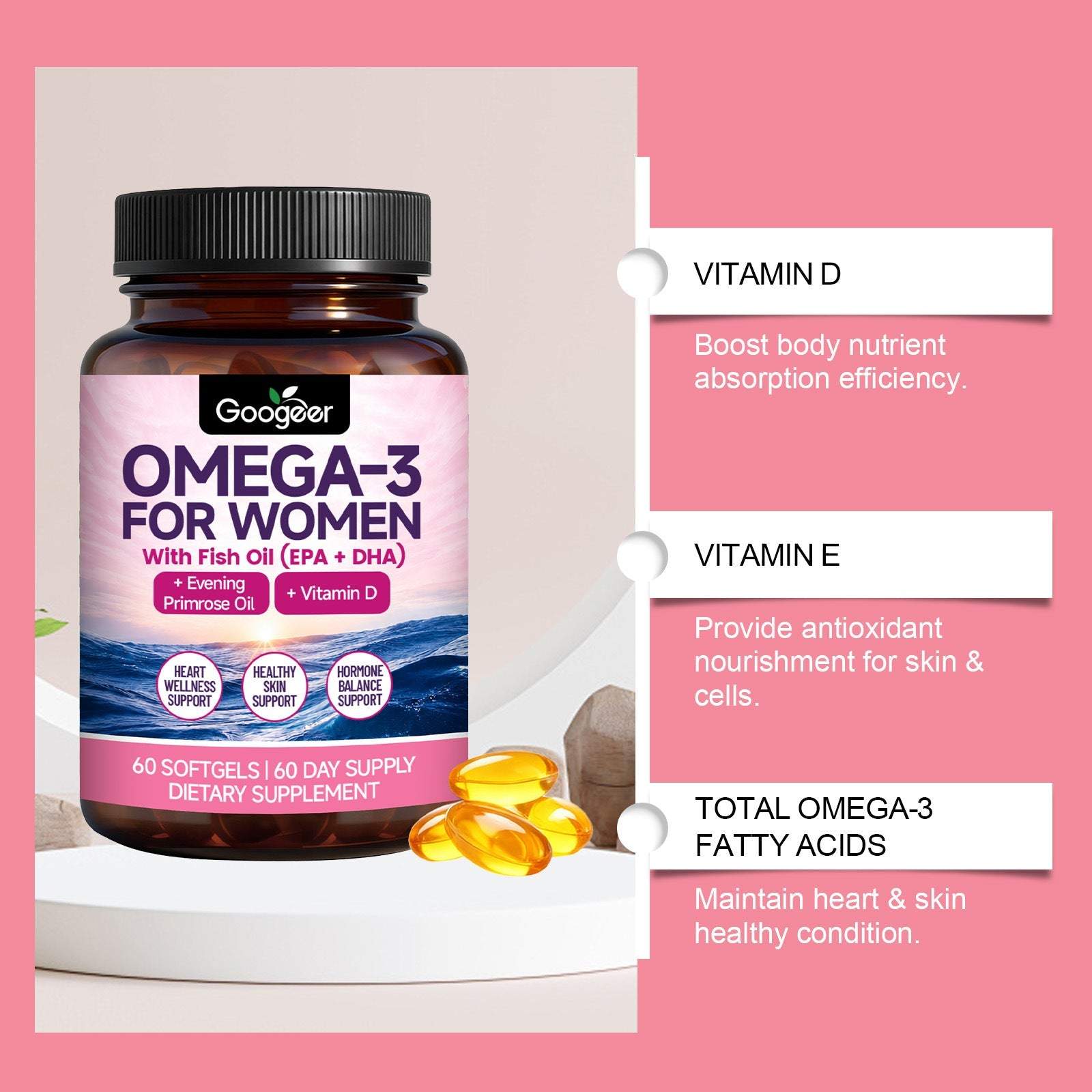 Fish oil capsules omega-3 dietary supplements in a container