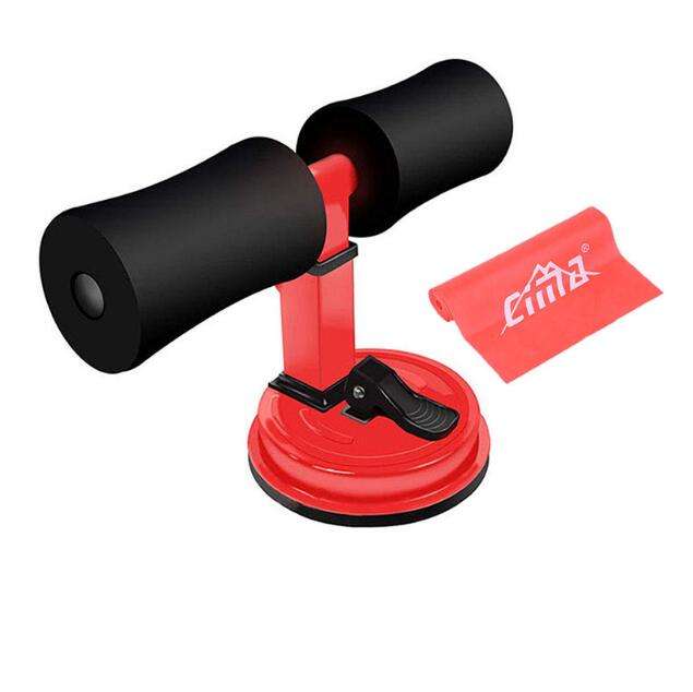 Fitness Sit Up Bar featuring red base with black foam rollers and a red resistance band for home abdominal workouts