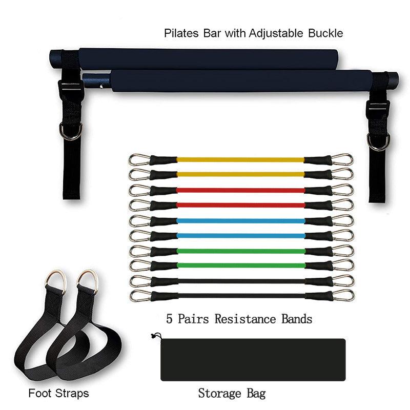 Fitness Yoga Pilates set with black Pilates bar, five pairs of multicolored elastic resistance bands, black foot straps, and storage bag.