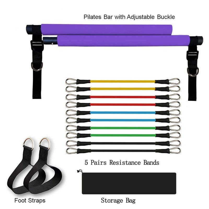 Fitness Yoga Pilates set with purple padded steel bar, multicolored elastic resistance bands, black foot straps, and storage bag