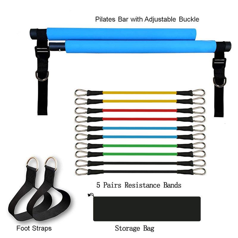 Fitness Yoga Pilates set with blue foam Pilates bar, multicolored elastic resistance bands, black foot straps, and black storage bag.