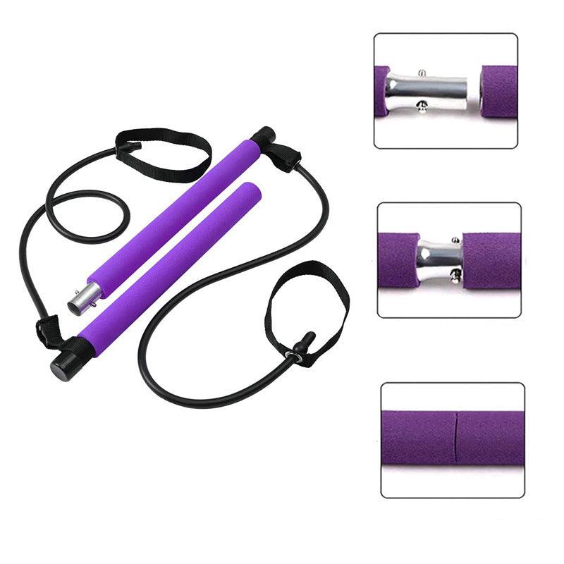 Fitness Yoga Pilates resistance bar with purple foam handles, black elastic bands, and metal connectors for home workouts.