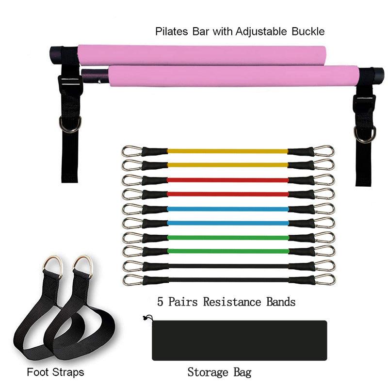 Fitness Yoga Pilates set with pink foam Pilates bar, five pairs of multicolored resistance bands, black foot straps, and a storage bag.