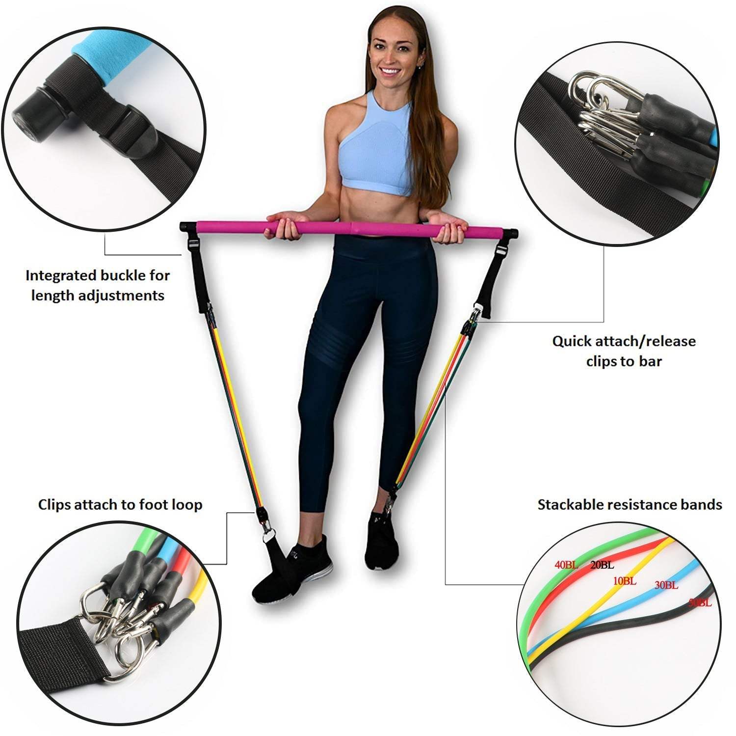 Fitness Yoga Pilates bar in pink with black handles, adjustable straps, and stackable colorful resistance bands for workout.