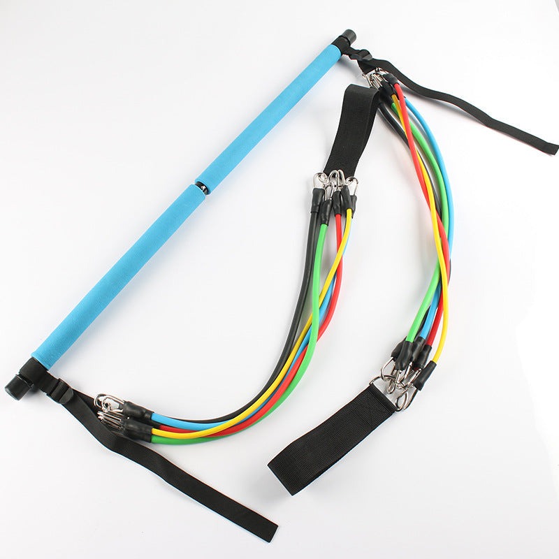 Fitness Yoga Pilates resistance bands set with a blue foam-covered steel bar and multicolor elastic tubes for workouts