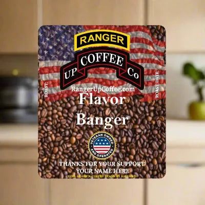 Flavor Banger Blend Coffee pouch with an American flag design, brown coffee bean pattern, and bold white lettering