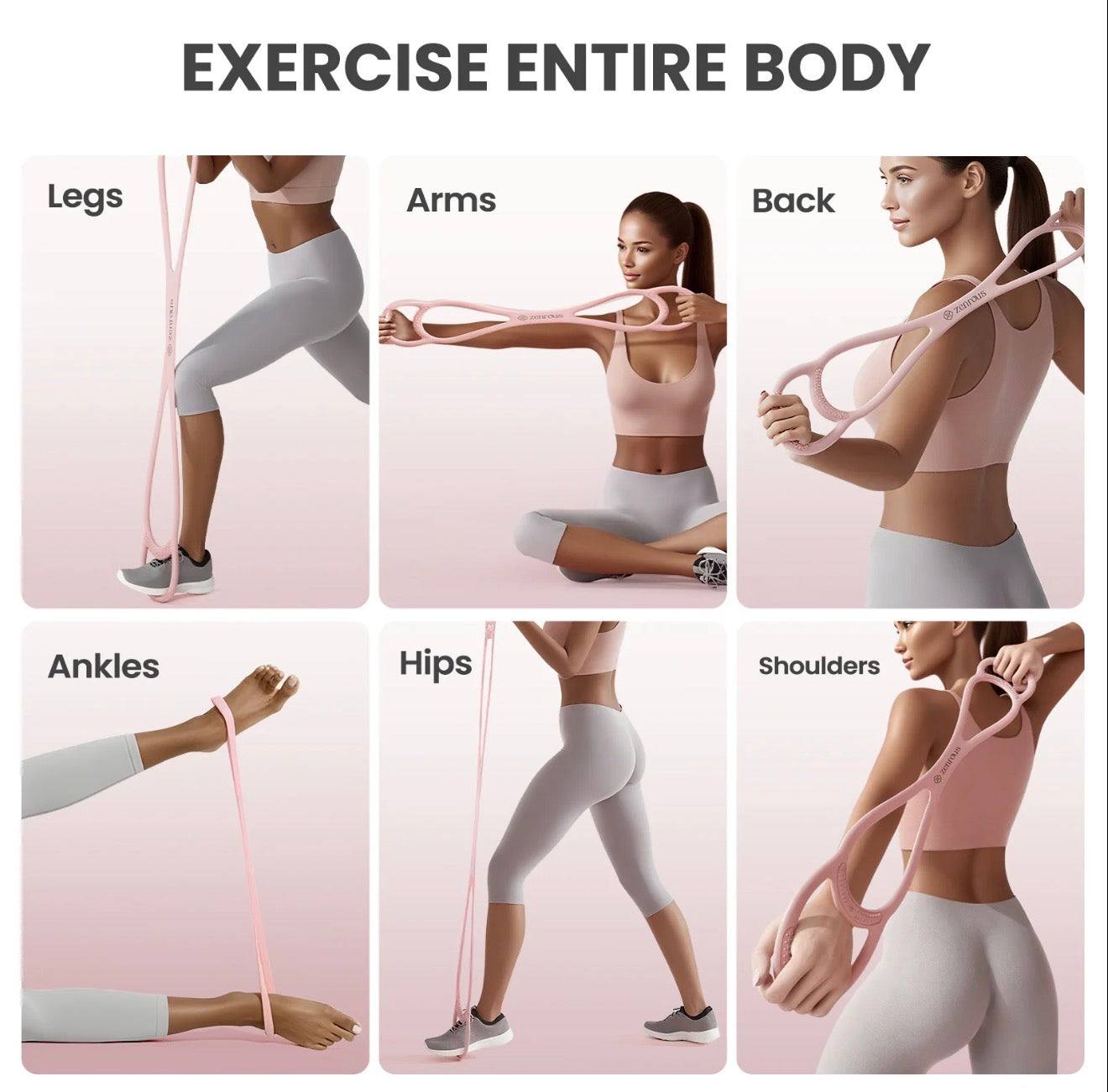 FlexTone Resistance Bands in light pink used for full-body workouts targeting legs, arms, back, ankles, hips, and shoulders with ergonomic 8-shape design