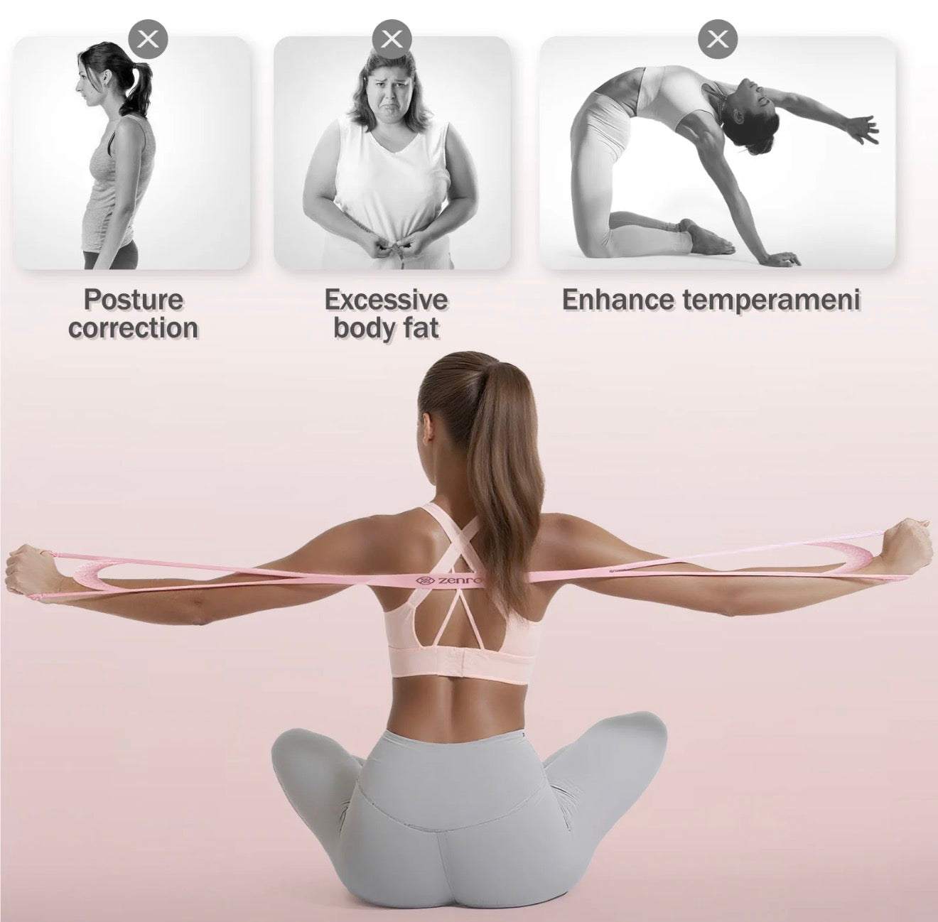 FlexTone Resistance Bands pink elastic workout bands used by a woman sitting cross-legged stretching arms with band