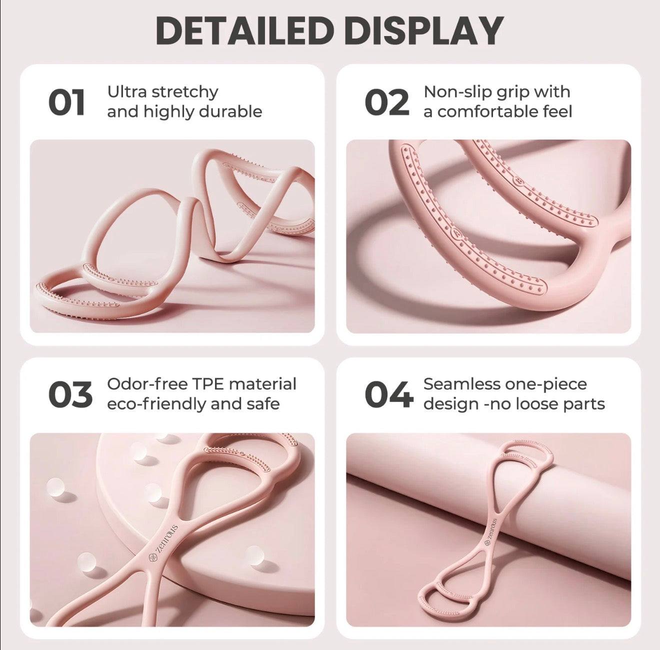 FlexTone Resistance Bands in light pink with ultra stretchy, non-slip grip, odor-free TPE material, and seamless one-piece design