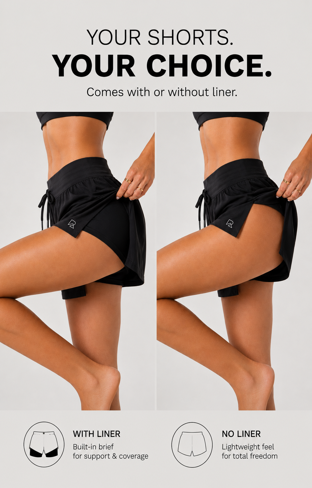 Flyaway Short in black lightweight fabric with side slits, shown with liner for coverage and without liner for freedom
