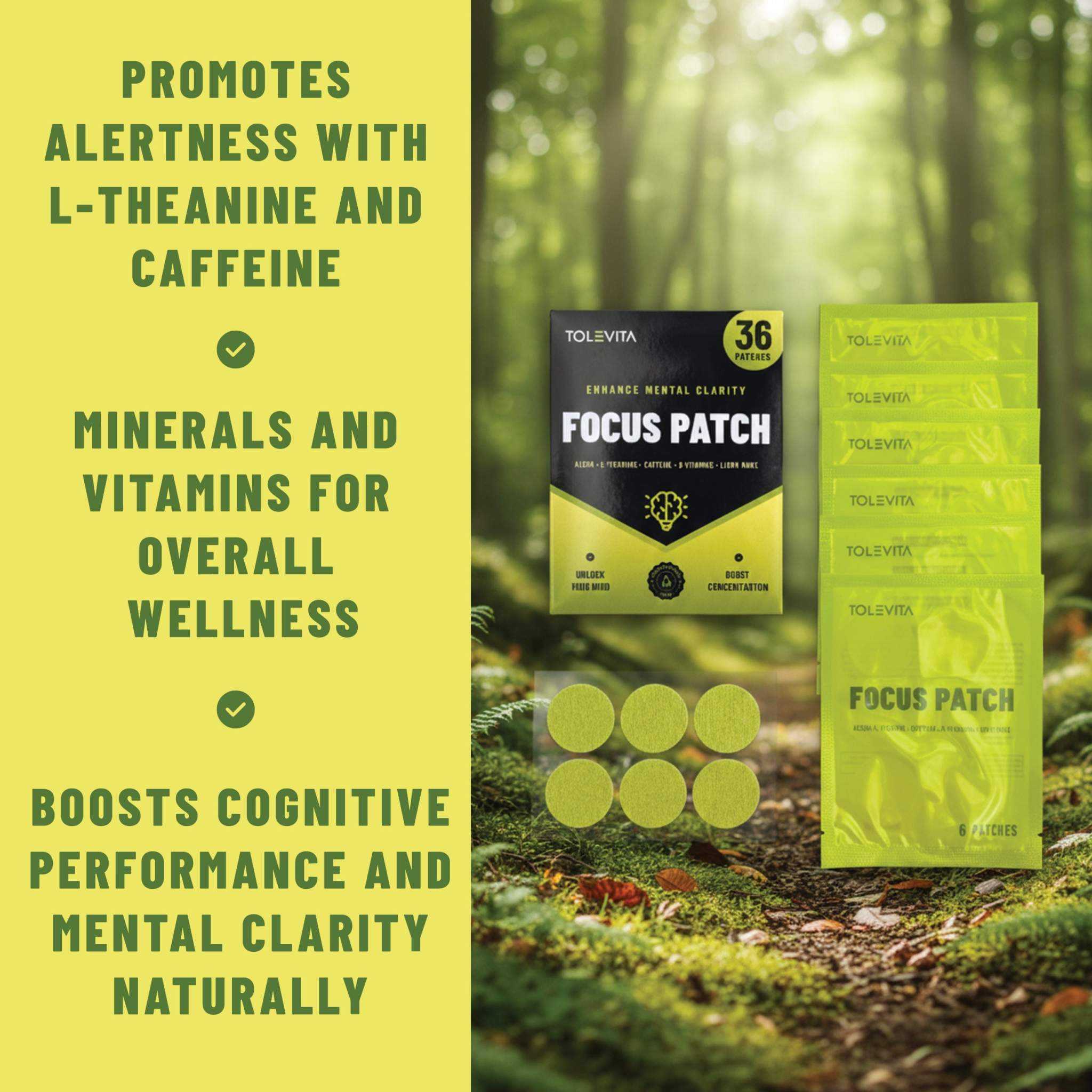 Focus Patches Mental Clarity & Energy box and sachet with 36 patches, green packaging and round adhesive patches