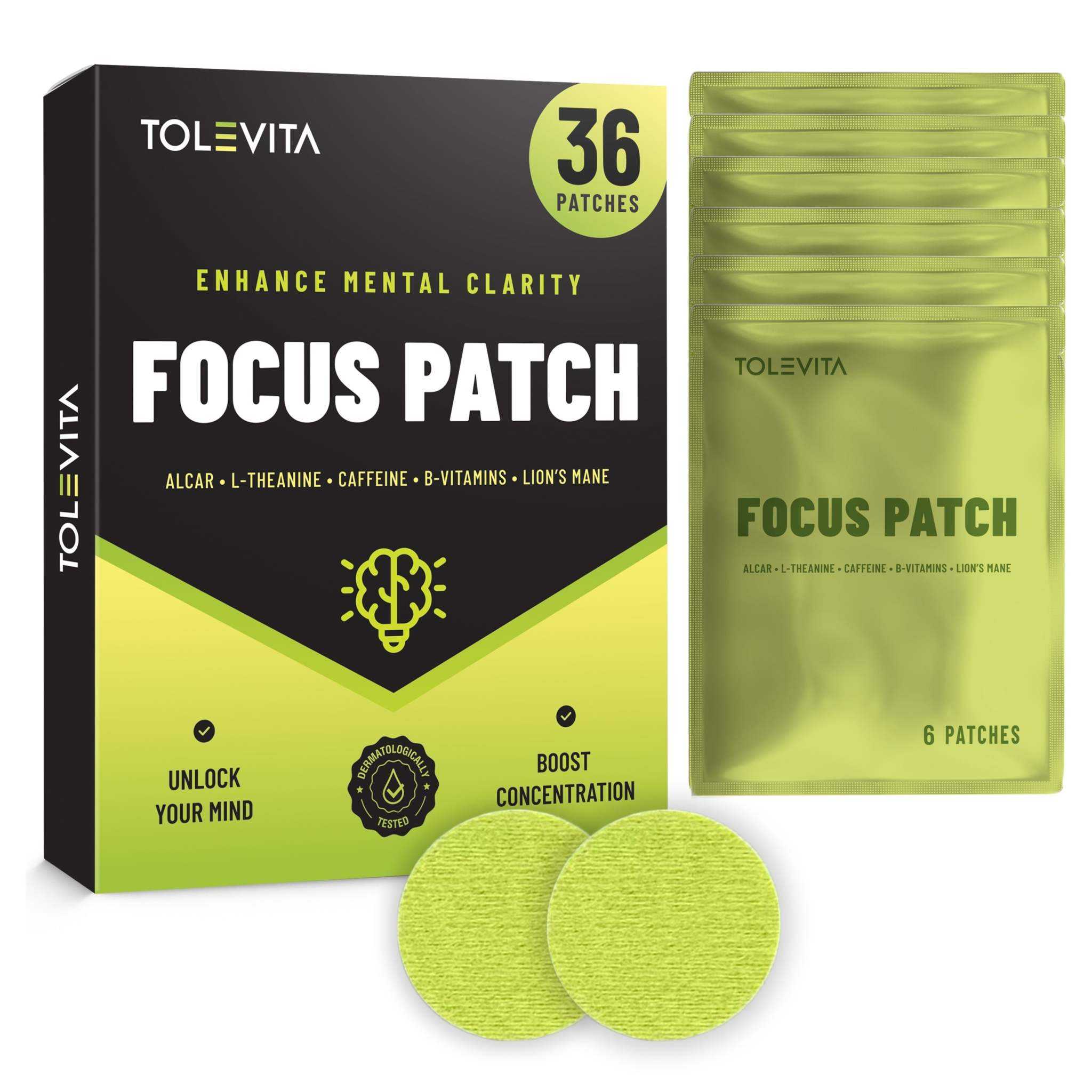 Focus Patches Mental Clarity & Energy in neon green packaging with 36 patches and two round green adhesive patches