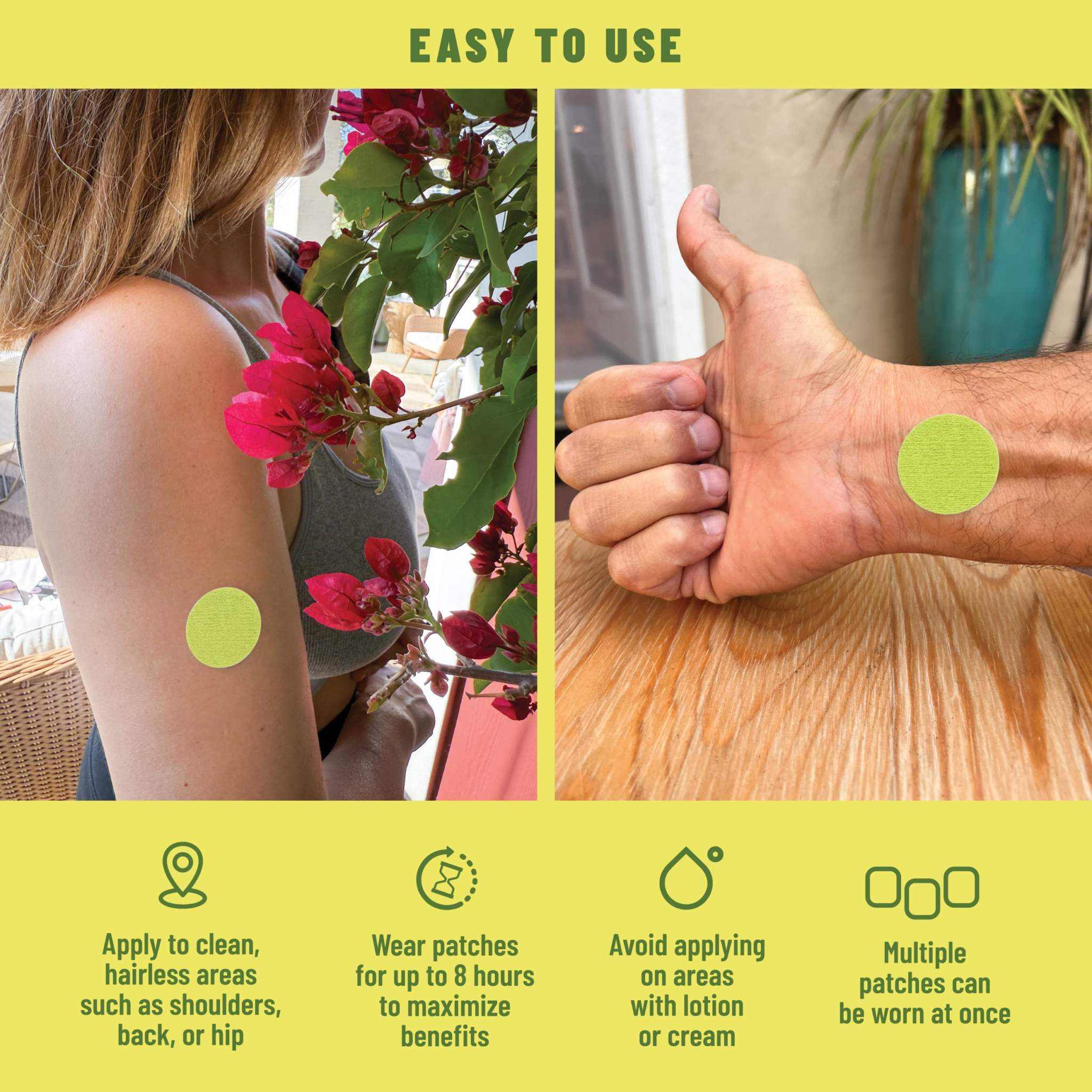 Focus Patches Mental Clarity & Energy green adhesive patches shown applied to upper arm and palm