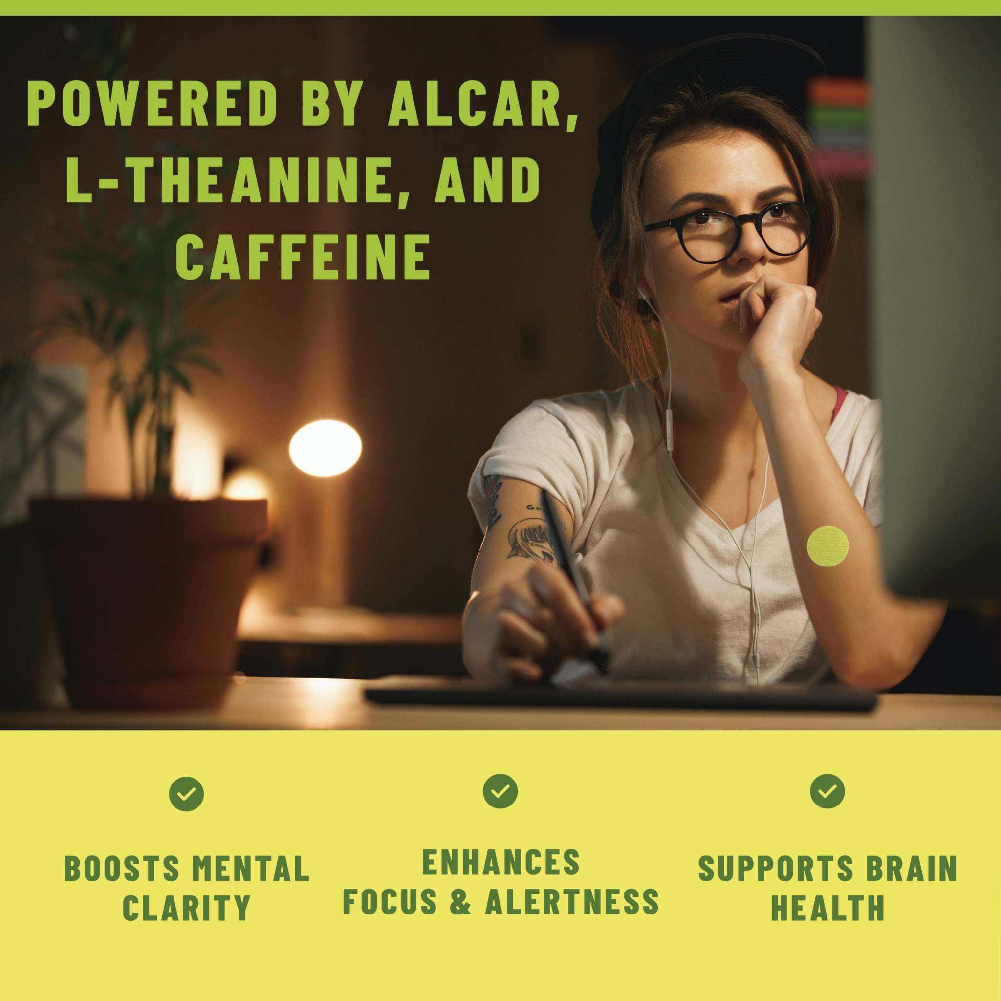 Focus Patches Mental Clarity & Energy shown as a small green patch on a woman's upper arm, with focus-support text