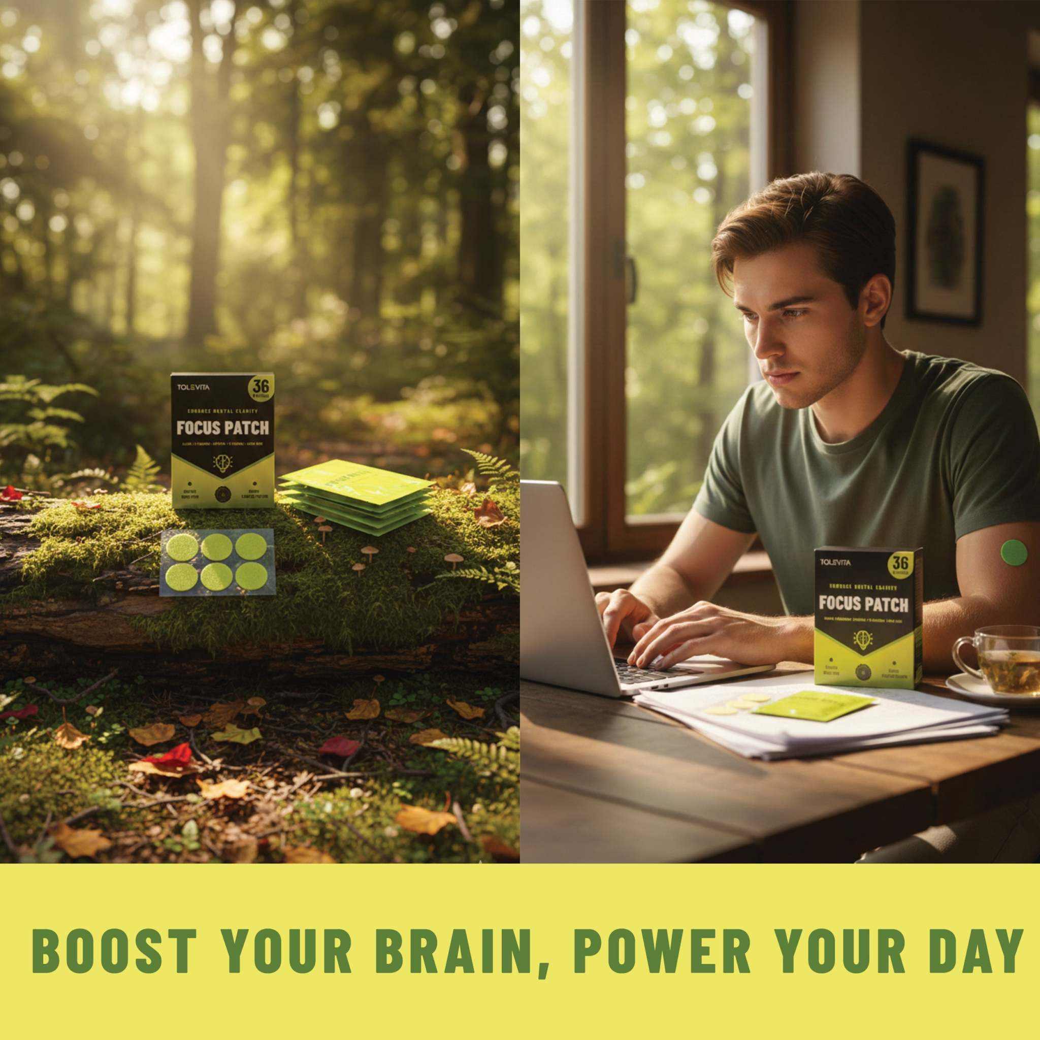 Focus Patches Mental Clarity & Energy in green and yellow packaging with circular patches and focus support branding