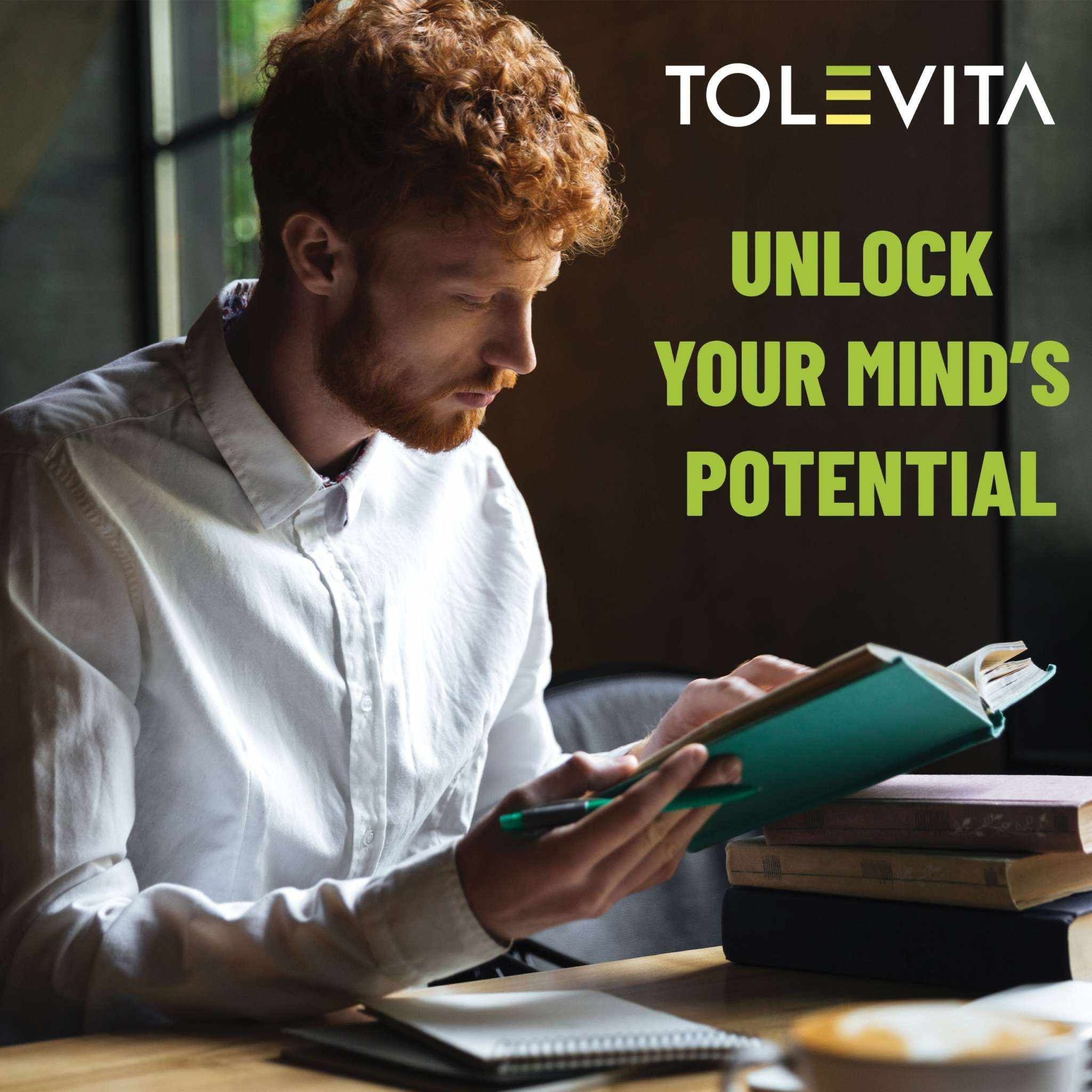 Focus Patches Mental Clarity & Energy featuring a student reading with TOLEVITA branding and motivational text