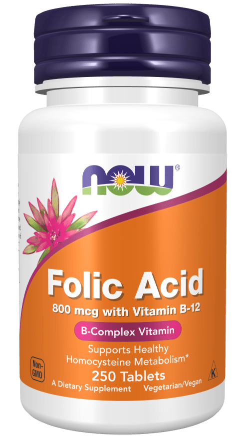 Folic Acid 800 mcg and Vitamin B-12 supplement tablets bottle