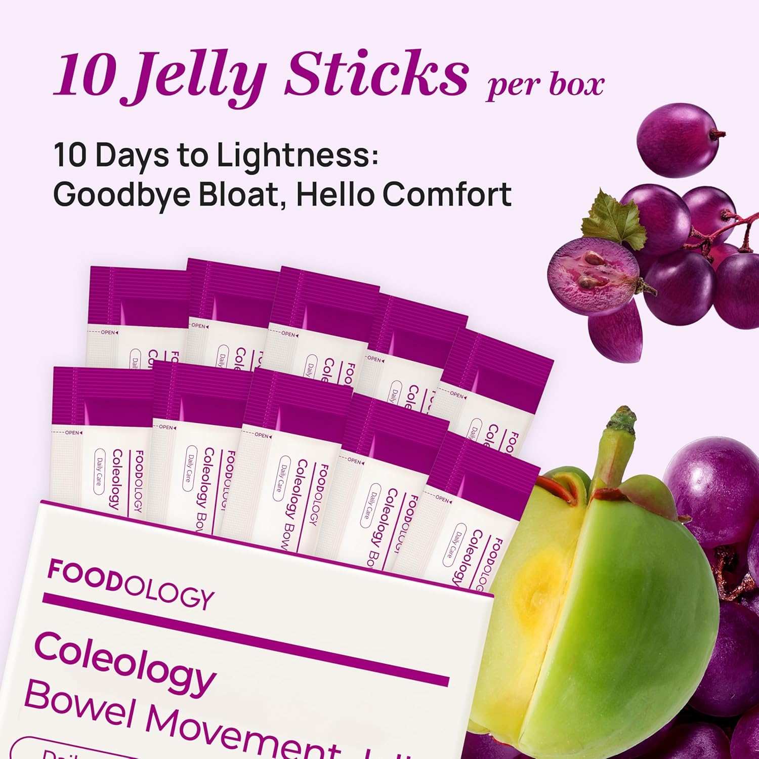 Foodology Coleology Bowel Movement Jelly grape-flavoured jelly sticks in purple and white packaging with chia seeds