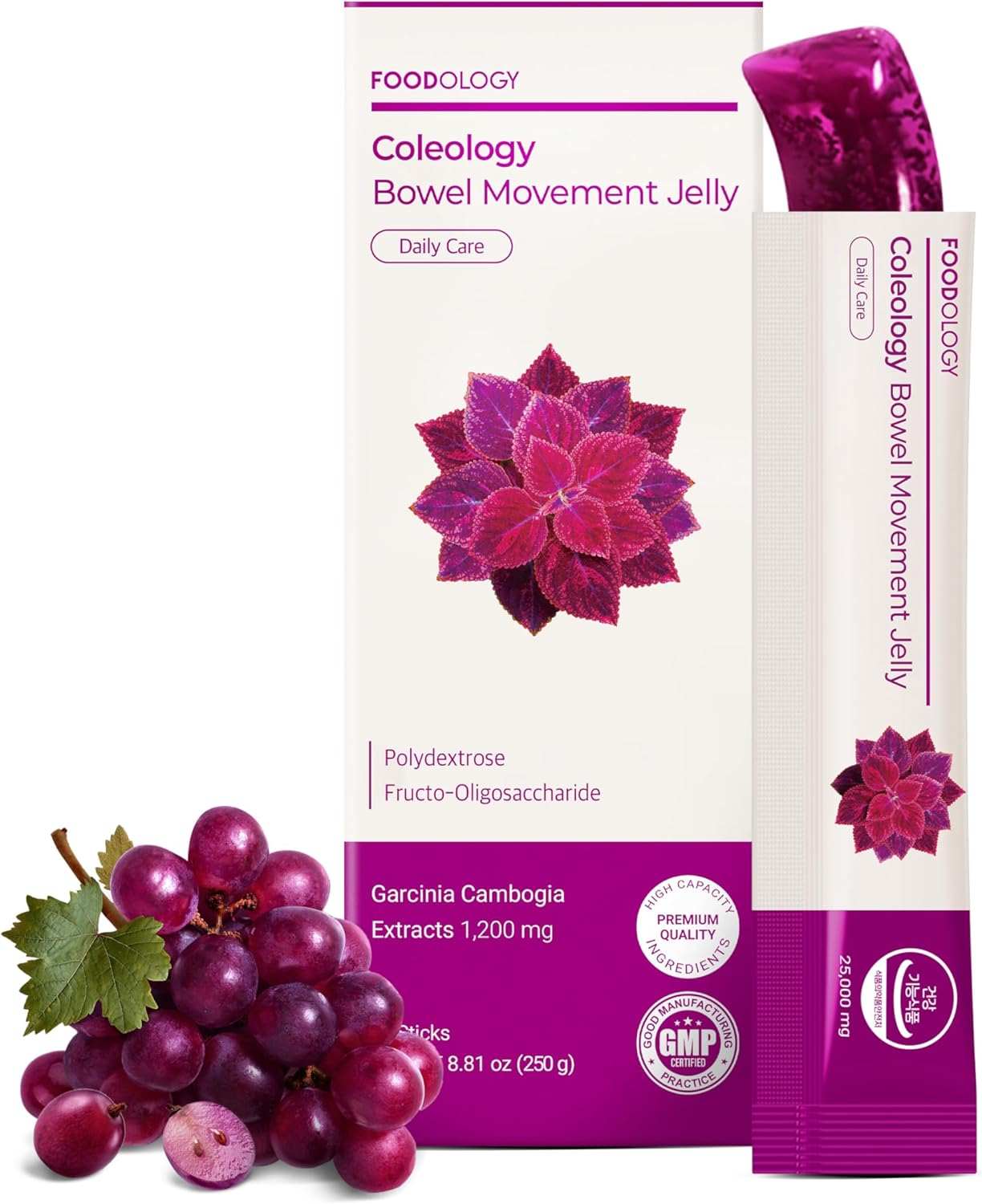 Foodology Coleology Bowel Movement Jelly in purple grape packaging with floral design and stick sachet 
