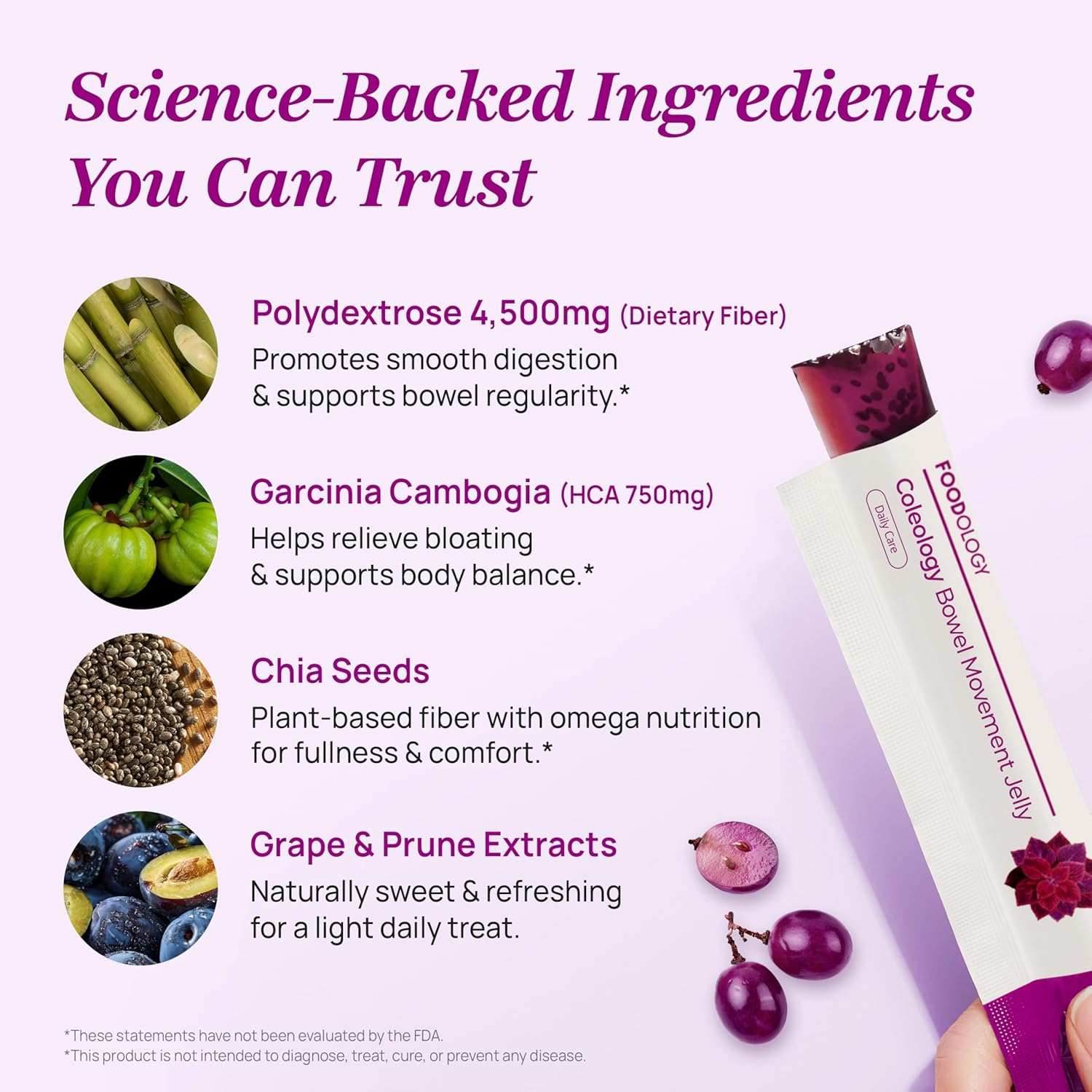 Foodology Coleology Bowel Movement Jelly, purple grape and prune jelly sticks with chia seed and fiber ingredients
