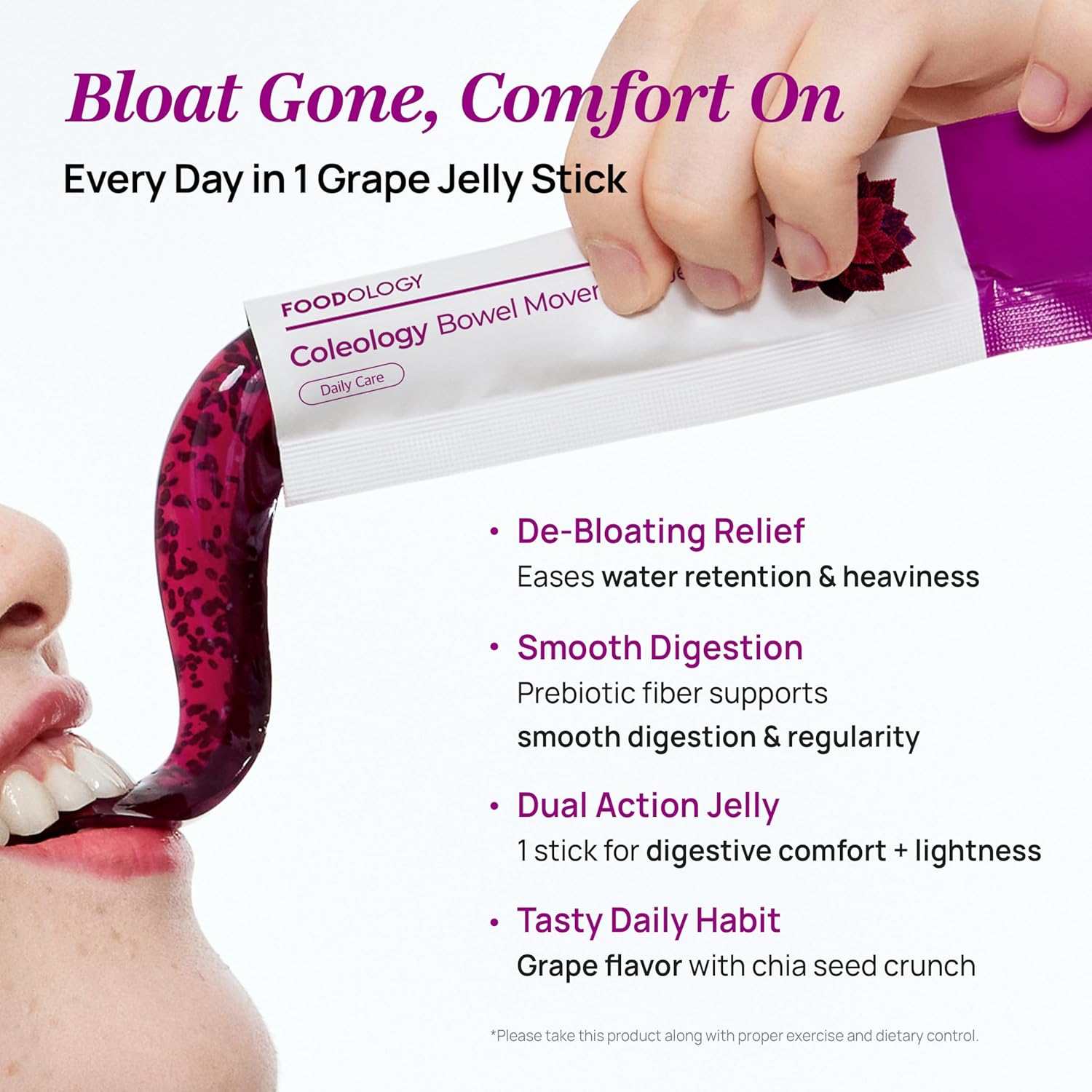 Foodology Coleology Bowel Movement Jelly grape-flavoured jelly stick sachet with purple packaging and chia seed crunch