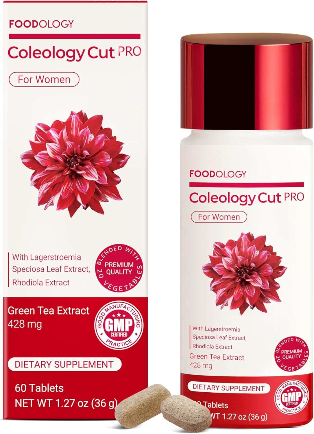 Foodology Coleology Cutting Pro dietary supplement tablets with a white and red bottle featuring a red flower design, 60 tablets