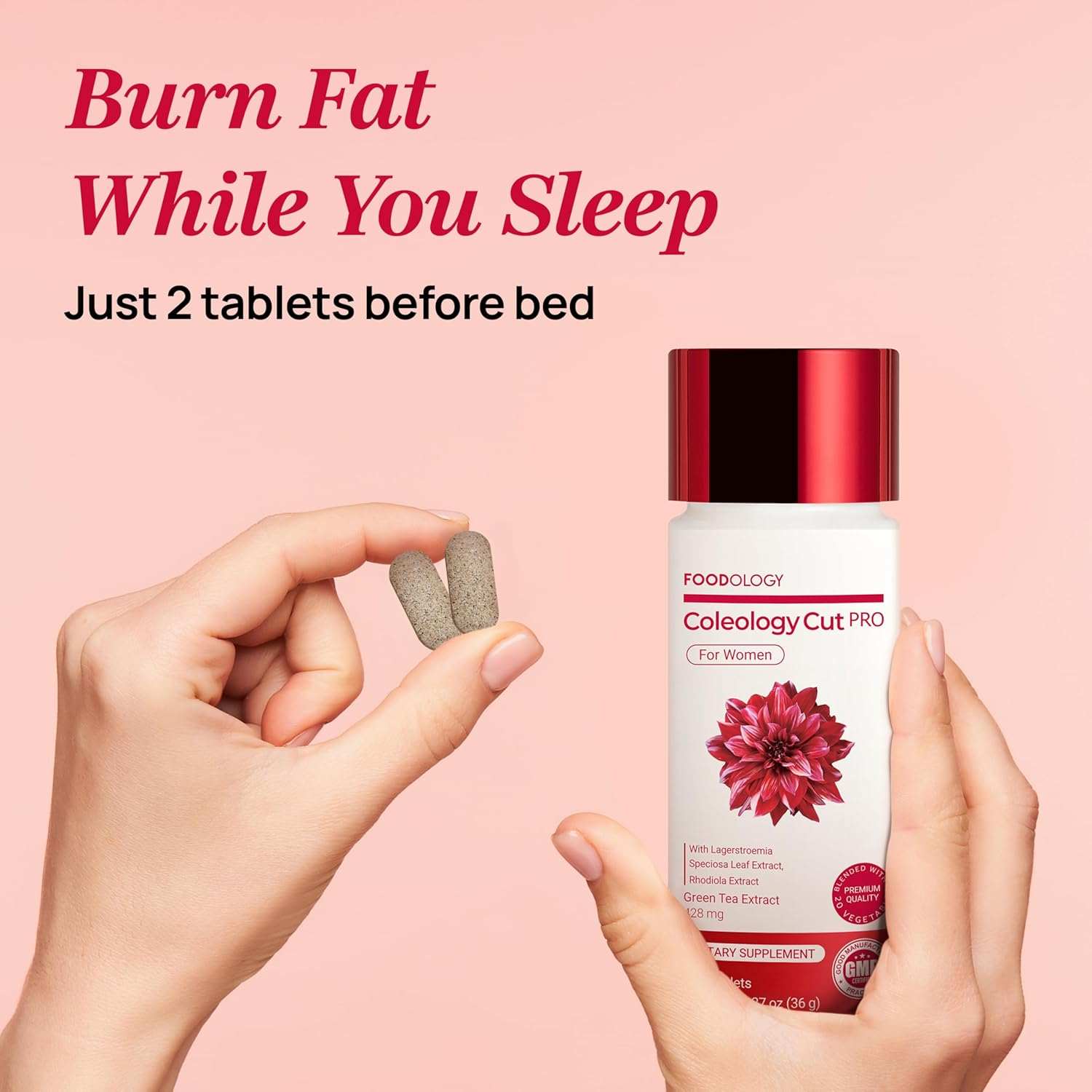 Foodology Coleology Cutting Pro dietary supplement bottle with red cap and flower design held by hands, two tablets shown