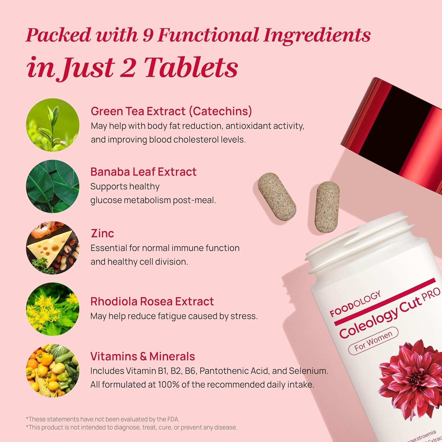 Foodology Coleology Cutting Pro white bottle with red label and flower design, showing two beige tablets and ingredient icons