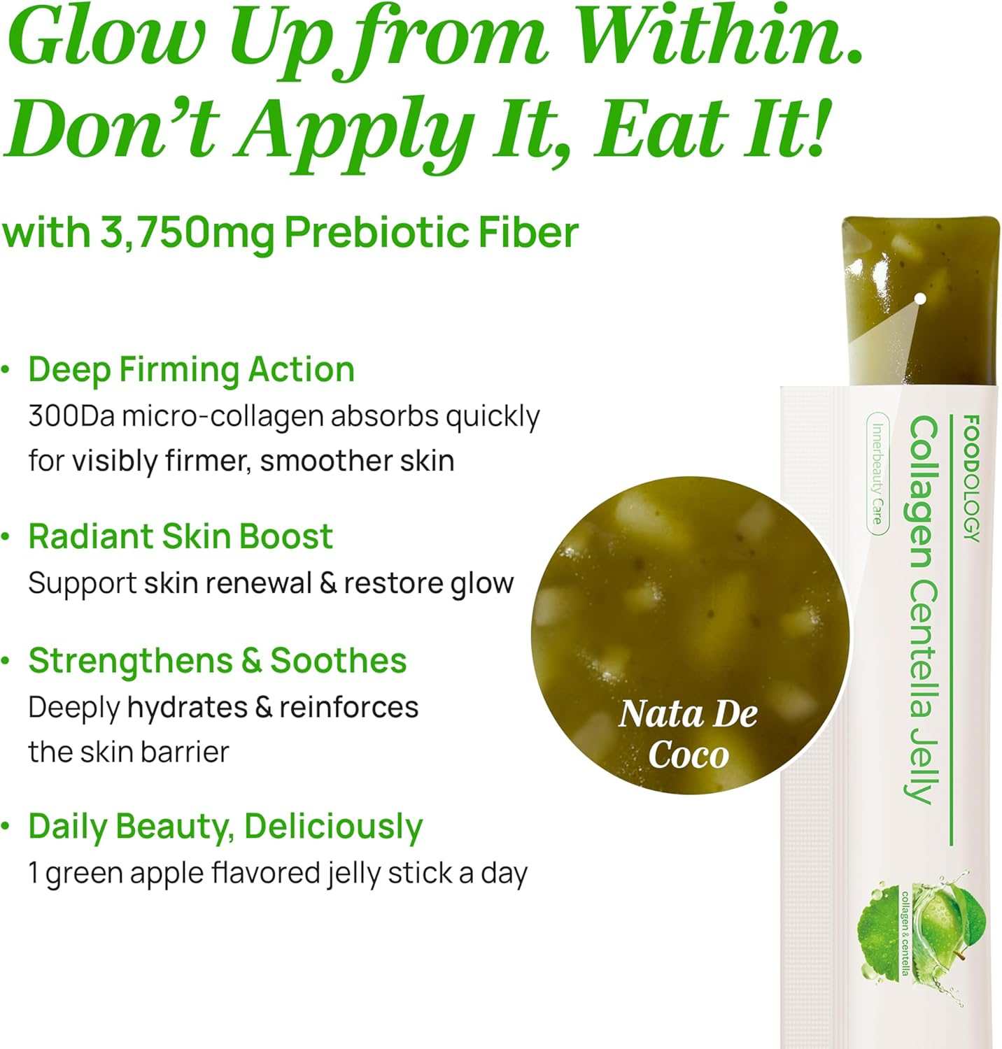 Foodology Collagen green apple flavored centella jelly stick with chewy texture and visible nata de coco pieces inside a white and green sachet
