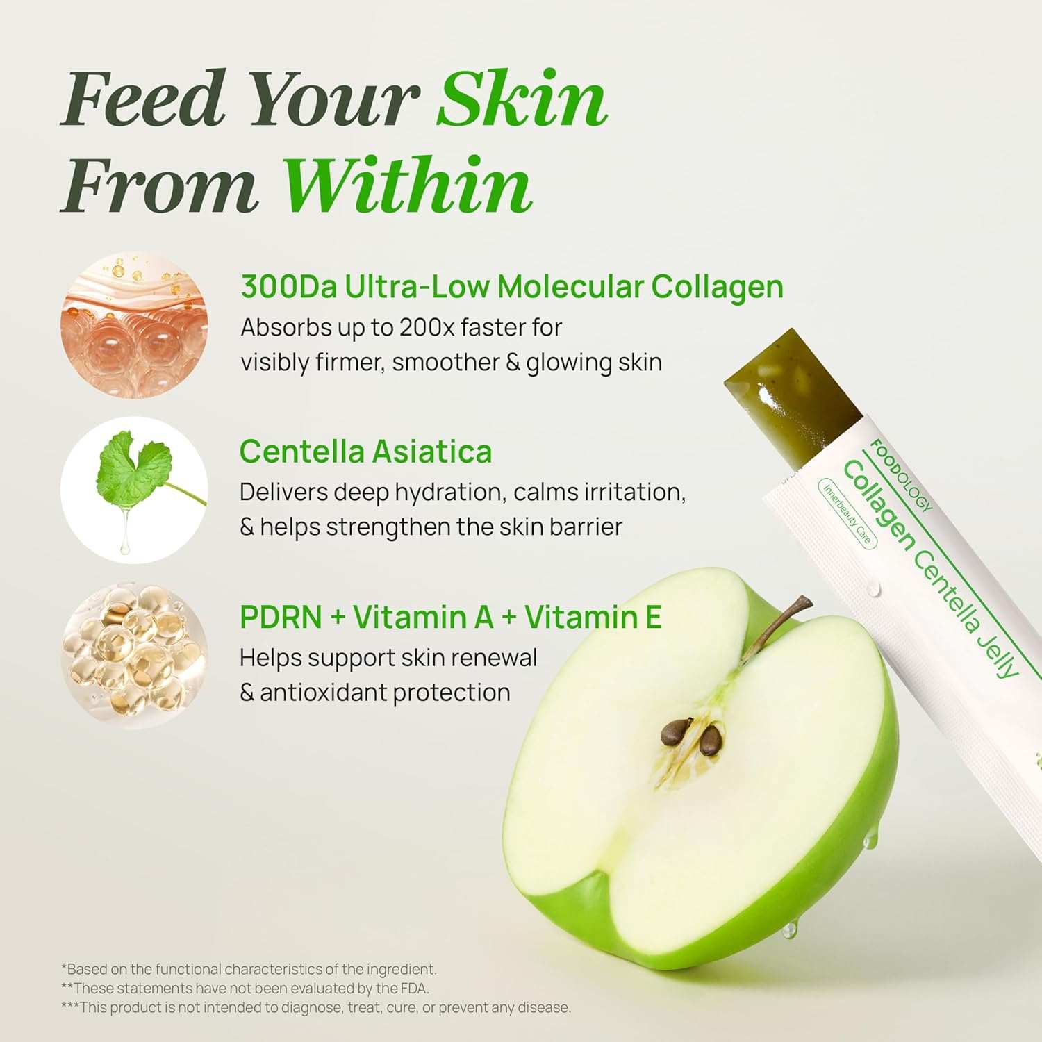 Foodology Collagen Centella Jelly stick in white and green packaging beside a green apple slice, highlighting collagen and skin benefits