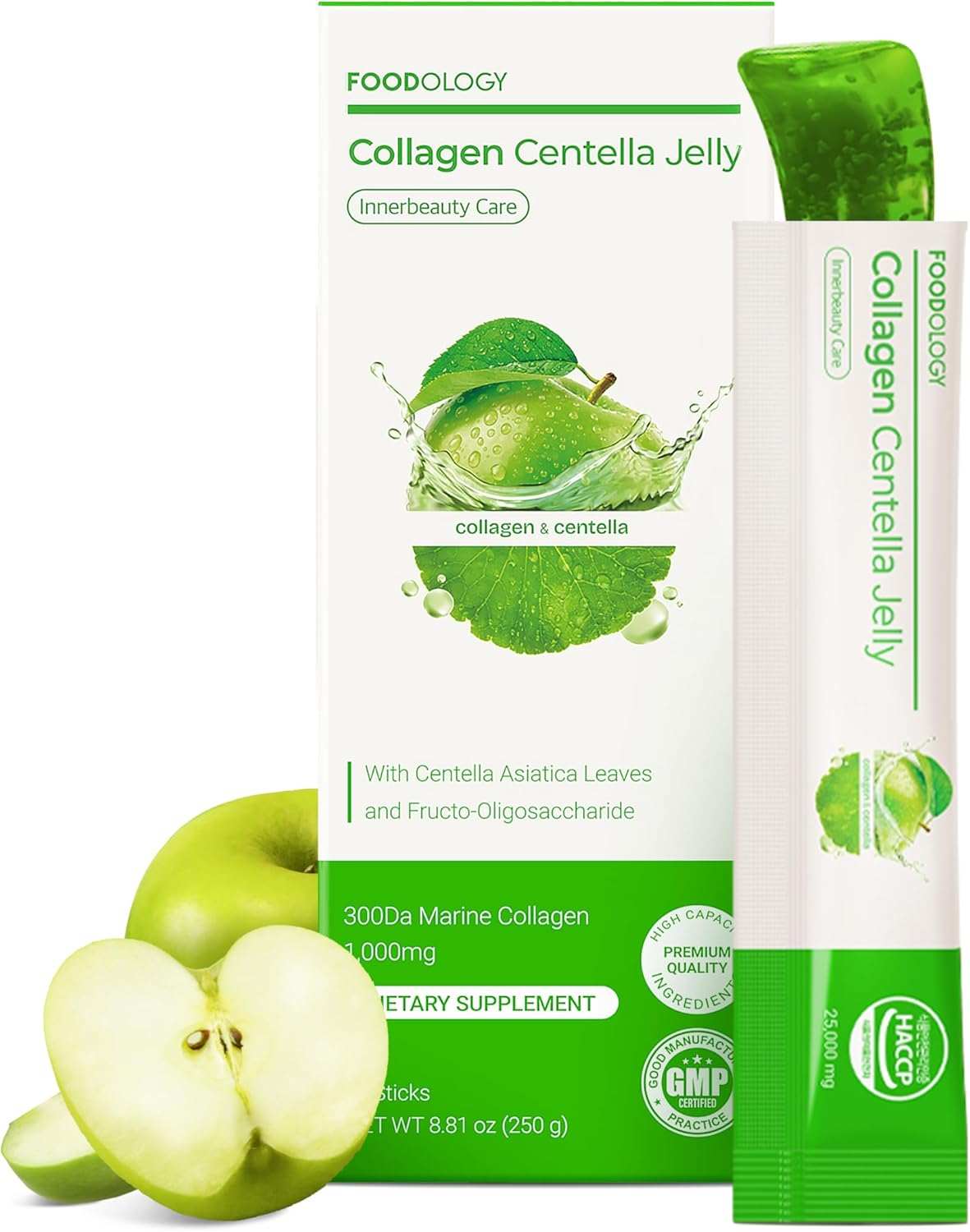 Foodology Collagen Centella Jelly in a white and green box with green apple illustration and a single green jelly stick