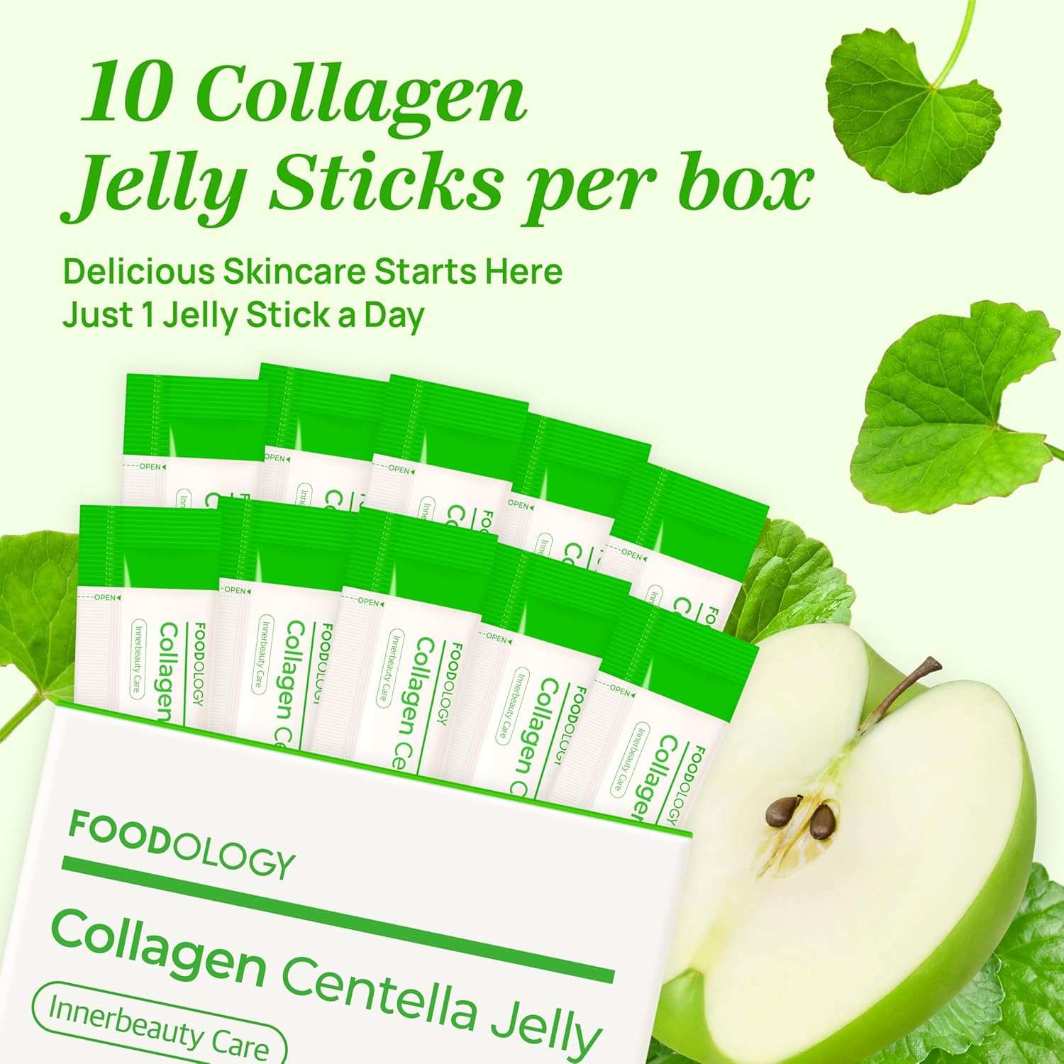 Foodology Collagen Centella Jelly box with green and white packaging, containing 10 collagen jelly sticks alongside green apple and centella leaves