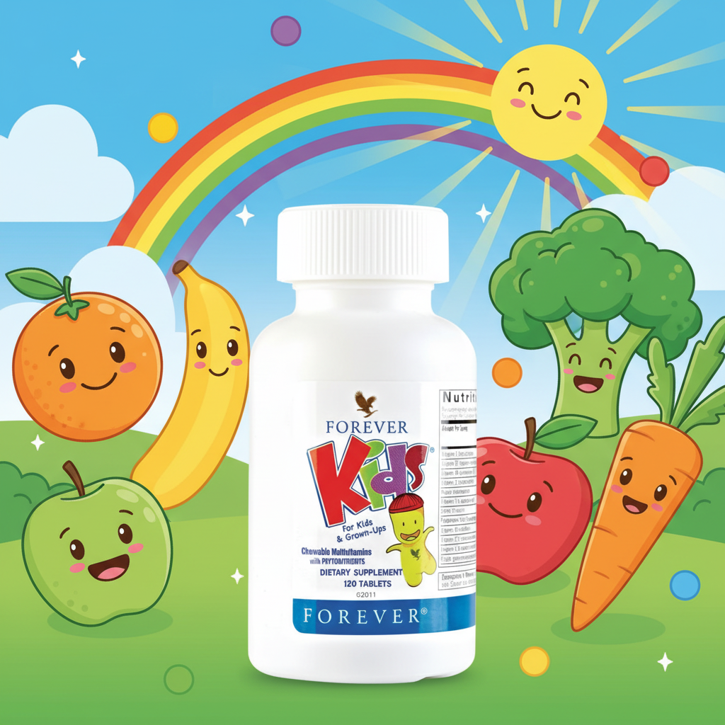 forever kids multivitamin in a white bottle with a blue label, surrounded by colorful smiling fruit and vegetables