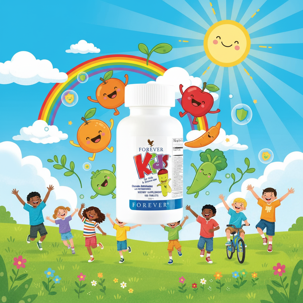 forever kids multivitamin white bottle with a colorful Kids label, surrounded by cheerful fruit and vegetable characters