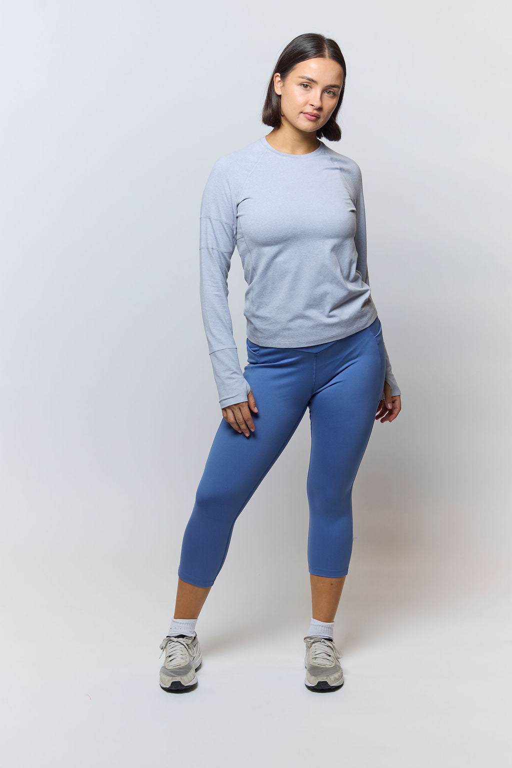 Foudy 2.0 Women's long sleeve athletic top in light blue, with a crew neck and a smooth, solid-color finish