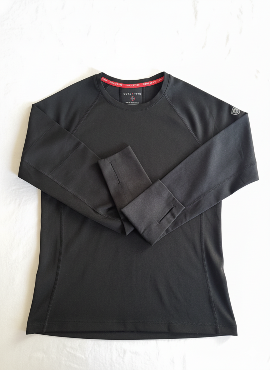 Foudy 2.0 Women's long sleeve athletic top in black, with a crew neck, red inner collar, and subtle shoulder emblem