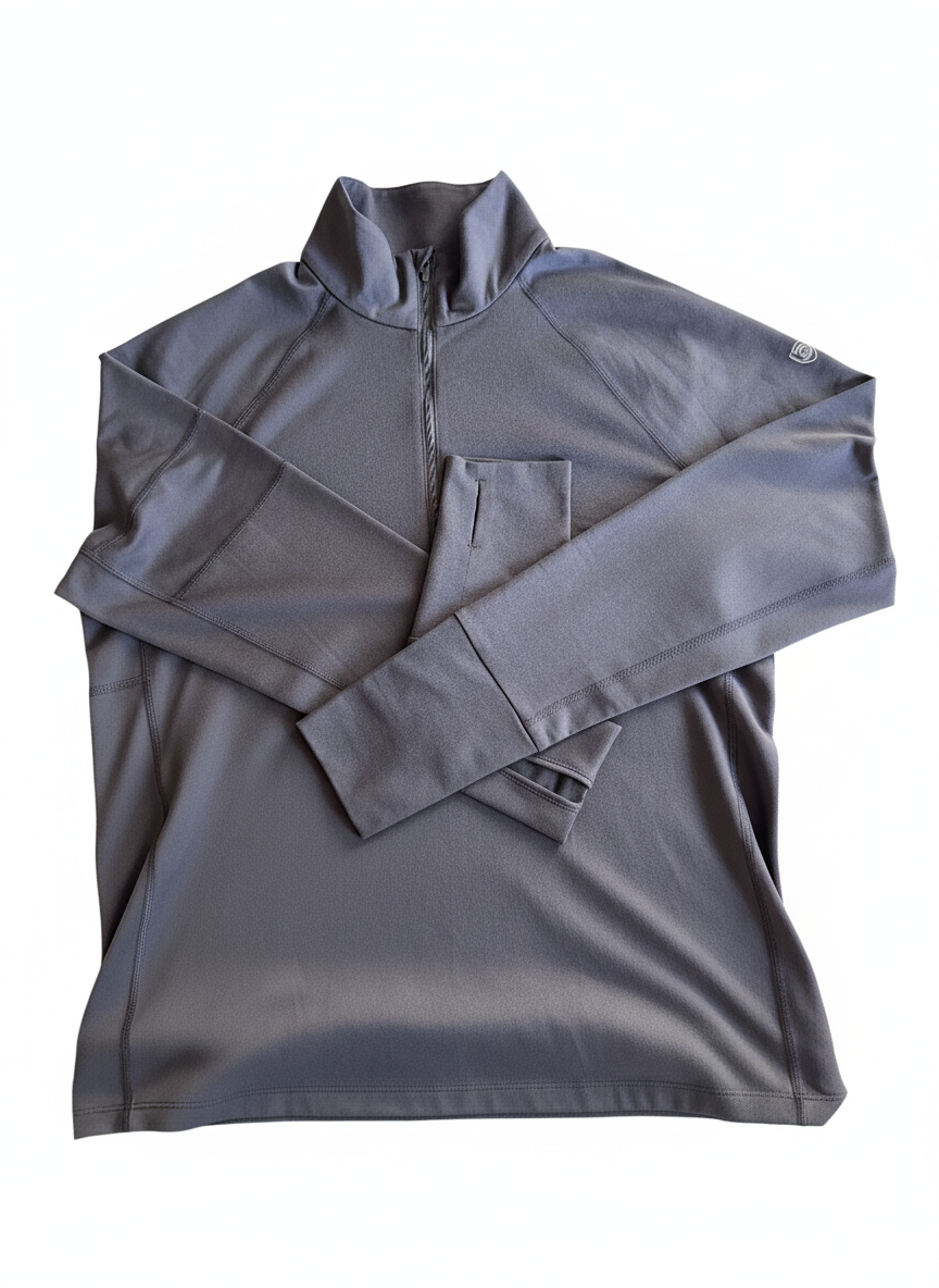 Foudy Mid-Weight Long Sleeve quarter-zip top in charcoal gray, with a smooth fabric, stand collar, and chest pocket.